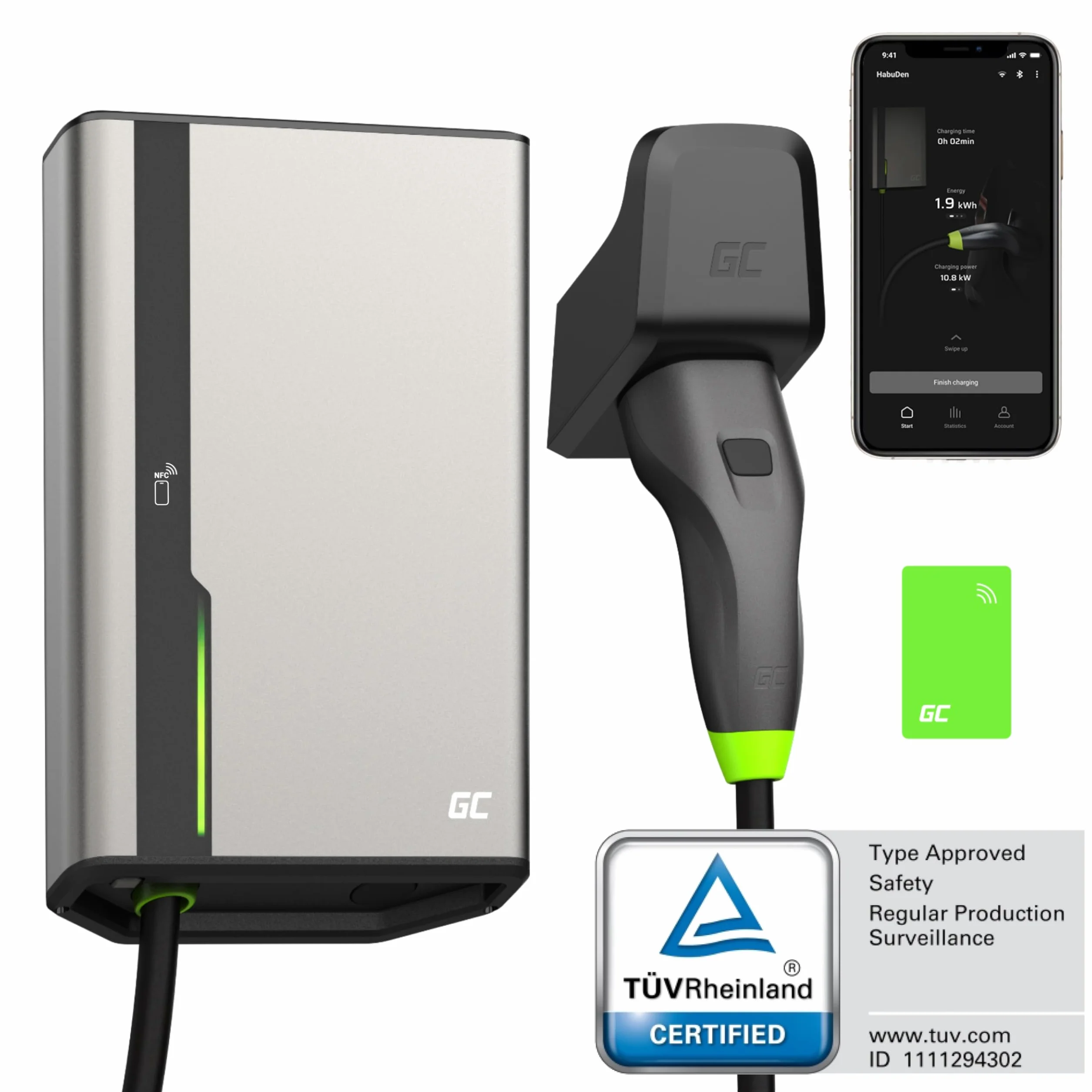 Green Cell GC HabuDen Wallbox 22kW 32A NFC 7,5m Kabel Typ 2 Ładowarka EV Aplikacja GC Bluetooth WiFi Inteligentna Stacja Ładowania Samochodów Elektrycznych Regulacja mocy 3.6kW