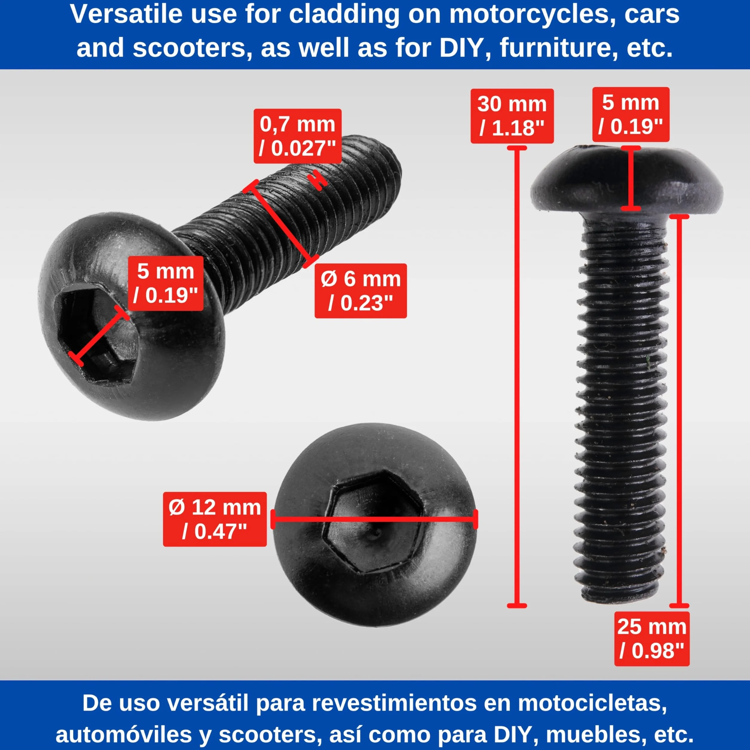 Śruba z łbem soczewkowym, 20 sztuk, M6 x 25 mm, Ø 12 mm, łeb z gniazdem sześciokątnym, w kolorze czarnym, metal odporny na narzędzia, śruby do owiewki motocykla, samochodu, skutera, śruby samochodowe z gwintem, zaciski
