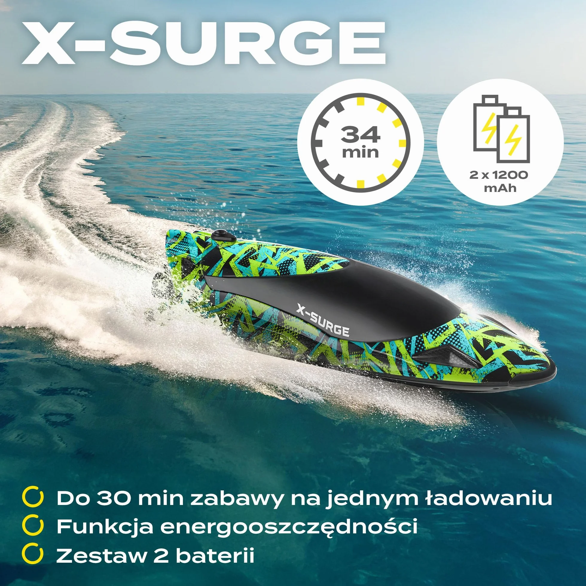OVERMAX X-SURGE Zdalnie Sterowana Łódź Wyścigowa RC Motorówka ze Światłem LED 35 km/h Baterie 1200 mAh 30 min Zabawy Regulacja Prędkości Zasięg do 100 m, Zabawka na Basen i Jeziora