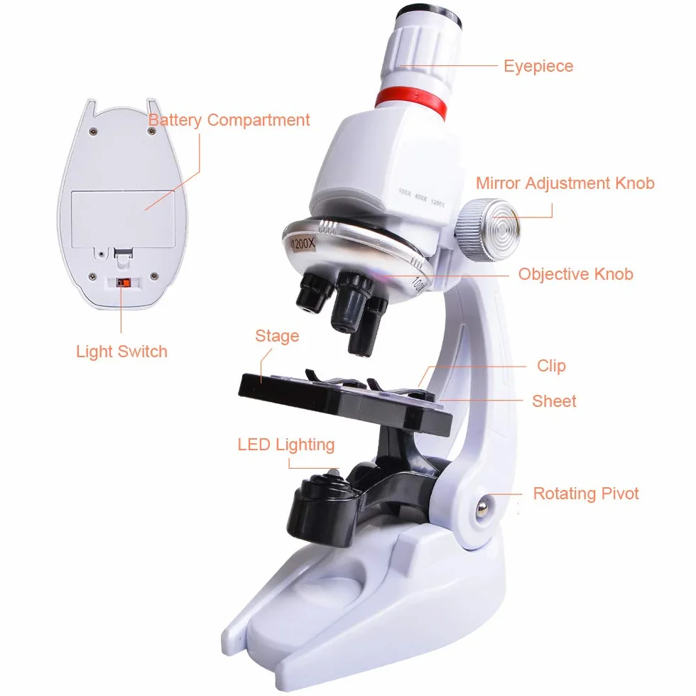 Mikroskop dziecięcy, 100x 400x 1200x poszerzenie naukowe dla dzieci uchwyt na telefon Plastikowe pudełko mikroskop Zestaw dla dzieci wczesnej edukacji