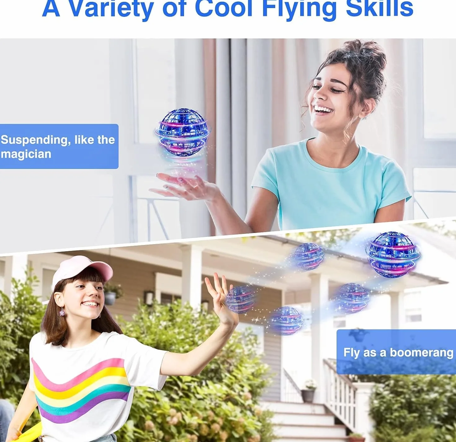 Hoofun Latająca piłka, gra latająca piłka, światło RGB, Hover UFO Spinner Bumerang, latające zabawki dla dzieci prezent 6 7 8 9 10 12+ lat (niebieski)