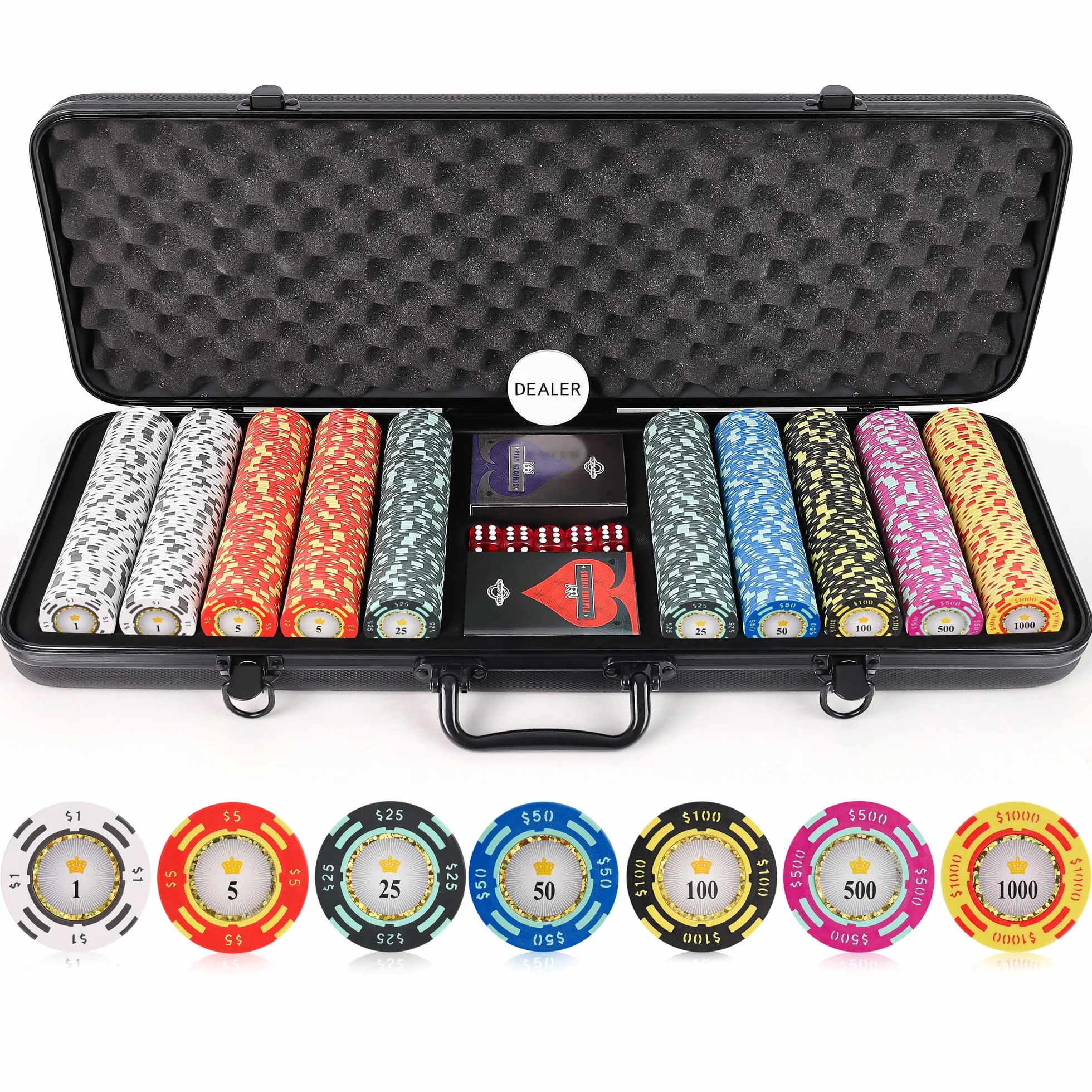 Versa Games Żetony pokerowe – zestaw glinianych żetonów pokerowych – zestaw Crown Casino Poker 13,5 g, 500 elementów, z nominałami liczbowymi – ulepszone etui na pokera