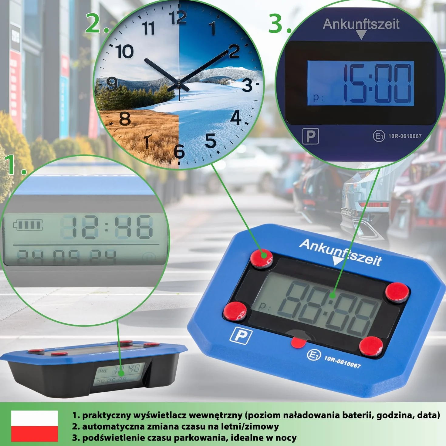Fouraces elektroniczny czujnik parkowania z wymienną baterią automatyczny czas letni/zimowy niebieski