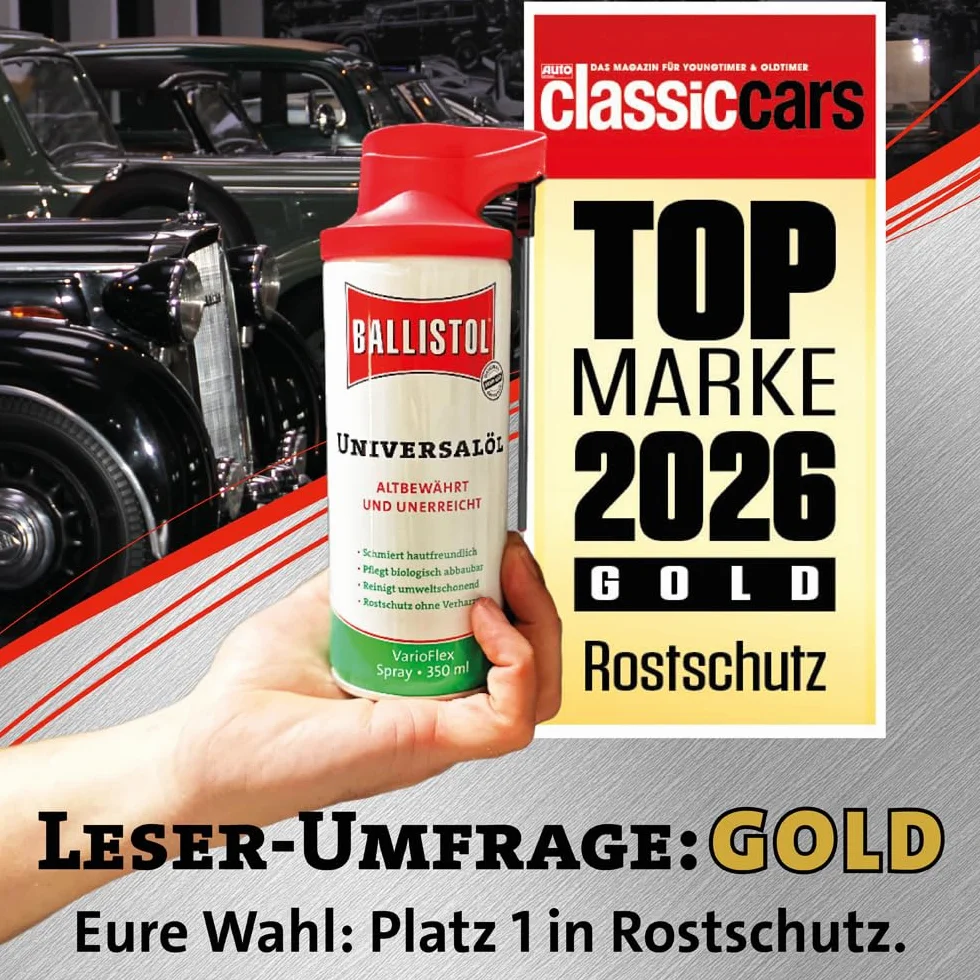 BALLISTOL 21045 Jubileuszowe pudełko drewniane limitowane 150 ml olej uniwersalny 120 ml spray 9-częściowy zestaw prezentowy vintage retro