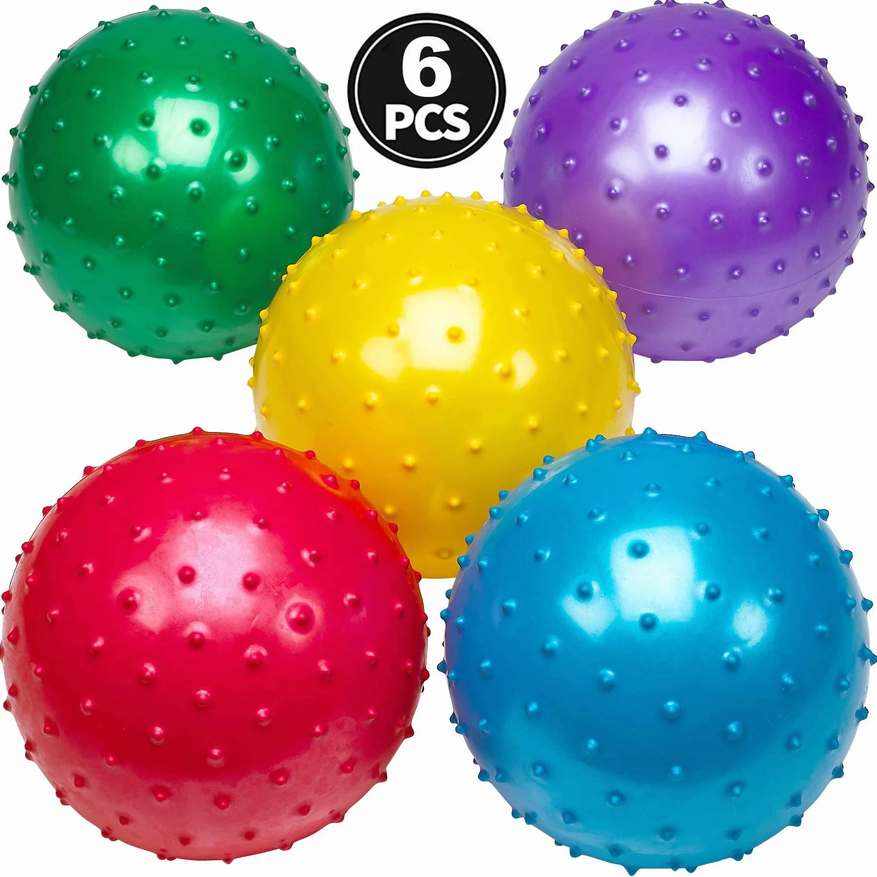 Bedwina Knobby Balls – pakiet 6 piłek sensorycznych 17,8 cm z kolcami i pompką, zabawne i sprężyste dla małych dzieci, upominki na imprezy i drobne prezenty świąteczne
