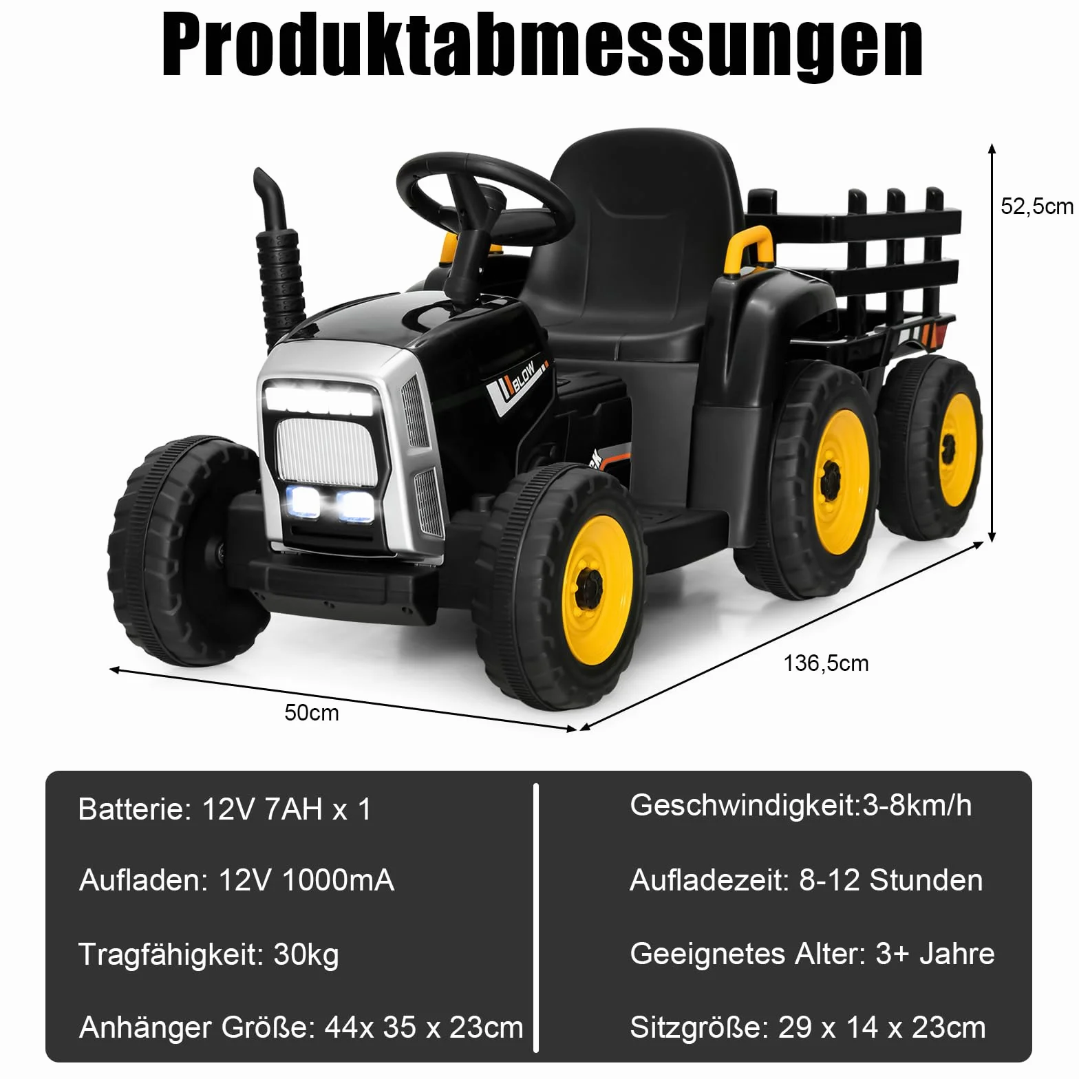 GOPLUS Elektryczny traktor dla dzieci 12 V z przyczepą, 3-biegowy pojazd elektryczny z pilotem zdalnego sterowania, samochód elektryczny z oświetleniem LED, muzyką i Bluetooth, obciążenie 30 kg, od 3