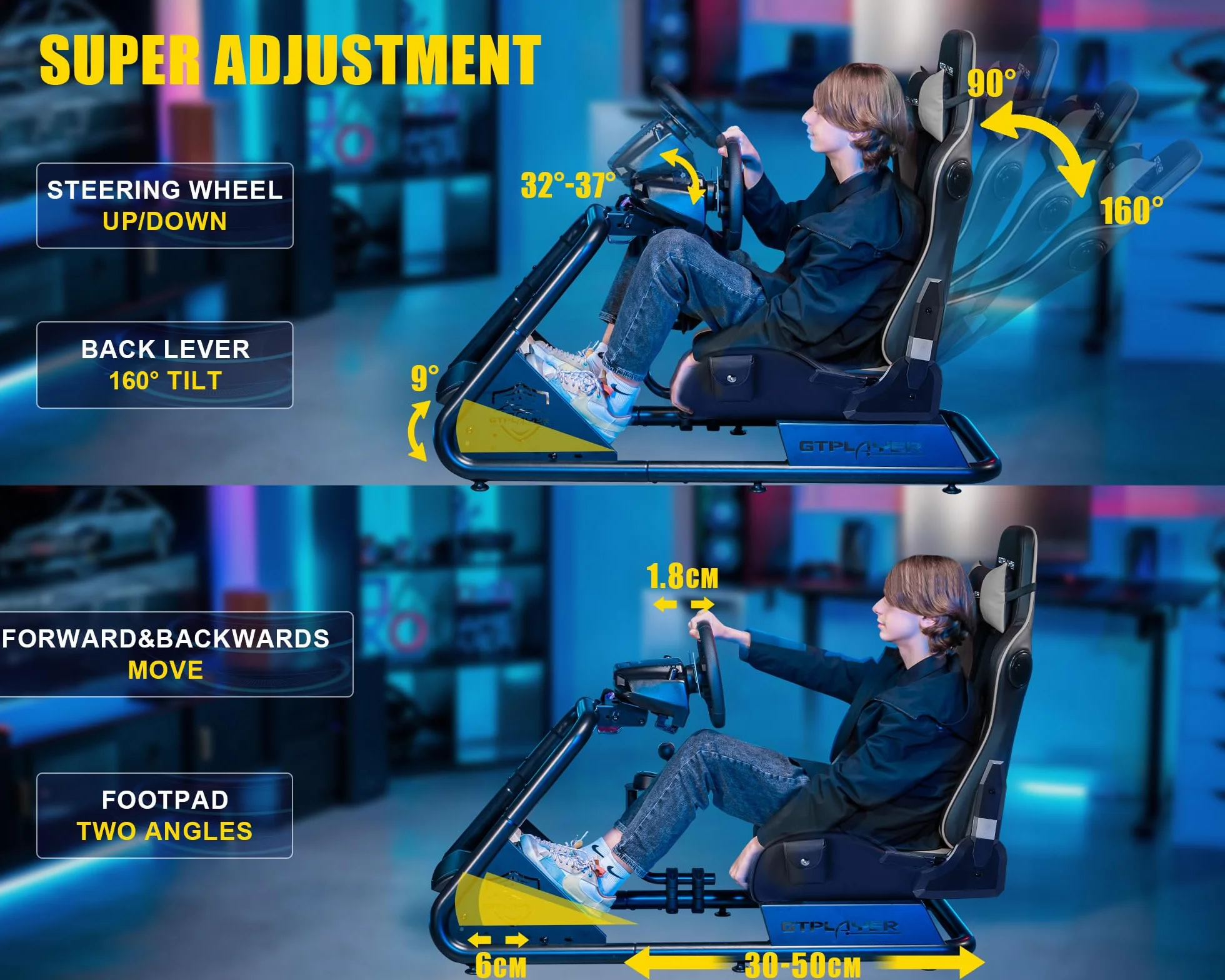 GTPLAYER Wysokiej jakości kokpit Sim Racing, symulator jazdy, fotel symulacyjny PC z głośnikiem, kierownicą i uchwytem na pedały