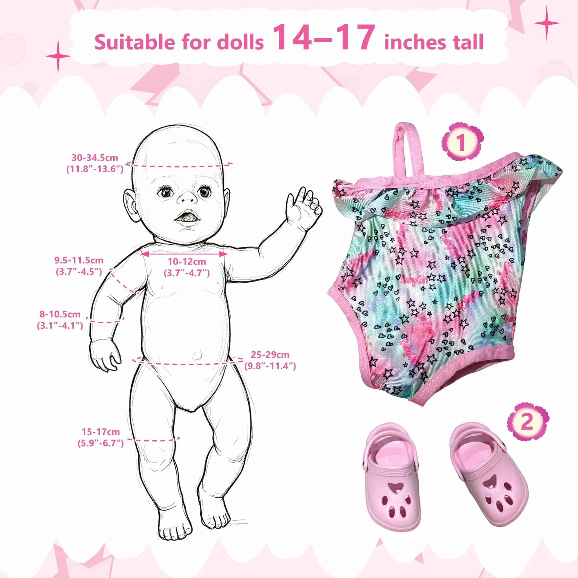 Kostium kąpielowy lalka z klapkami 36-43 cm, róża, kostium kąpielowy, ubranko dla lalek, akcesoria dla lalek, zestaw do pływania z wzorem w gwiazdki, dla lalek 35-45 cm