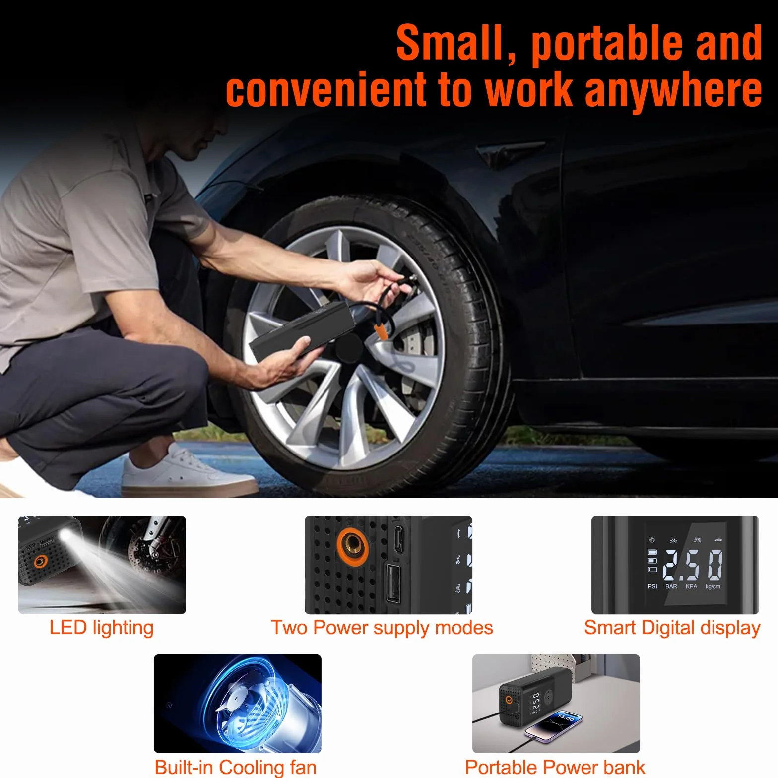 Mini Kompresor Powietrza Przenośny 150 PSI Elektryczna Pompa Powietrza Akumulatorowa 6000 mAh z Ekran LCD Lampą LED