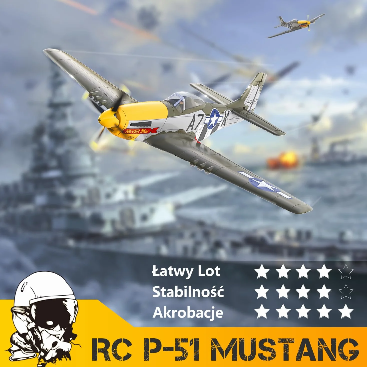 HAWK'S WORK Samolot RC P-51D Mustang 500mm, 4-kanałowy Zdalnie Sterowany Warbird RTF, Silnik Bezszczotkowy 6-osiowy Żyroskop 3 Tryby Lotu, Łatwy w Pilotażu dla Początkujących Chłopców i Dorosłych