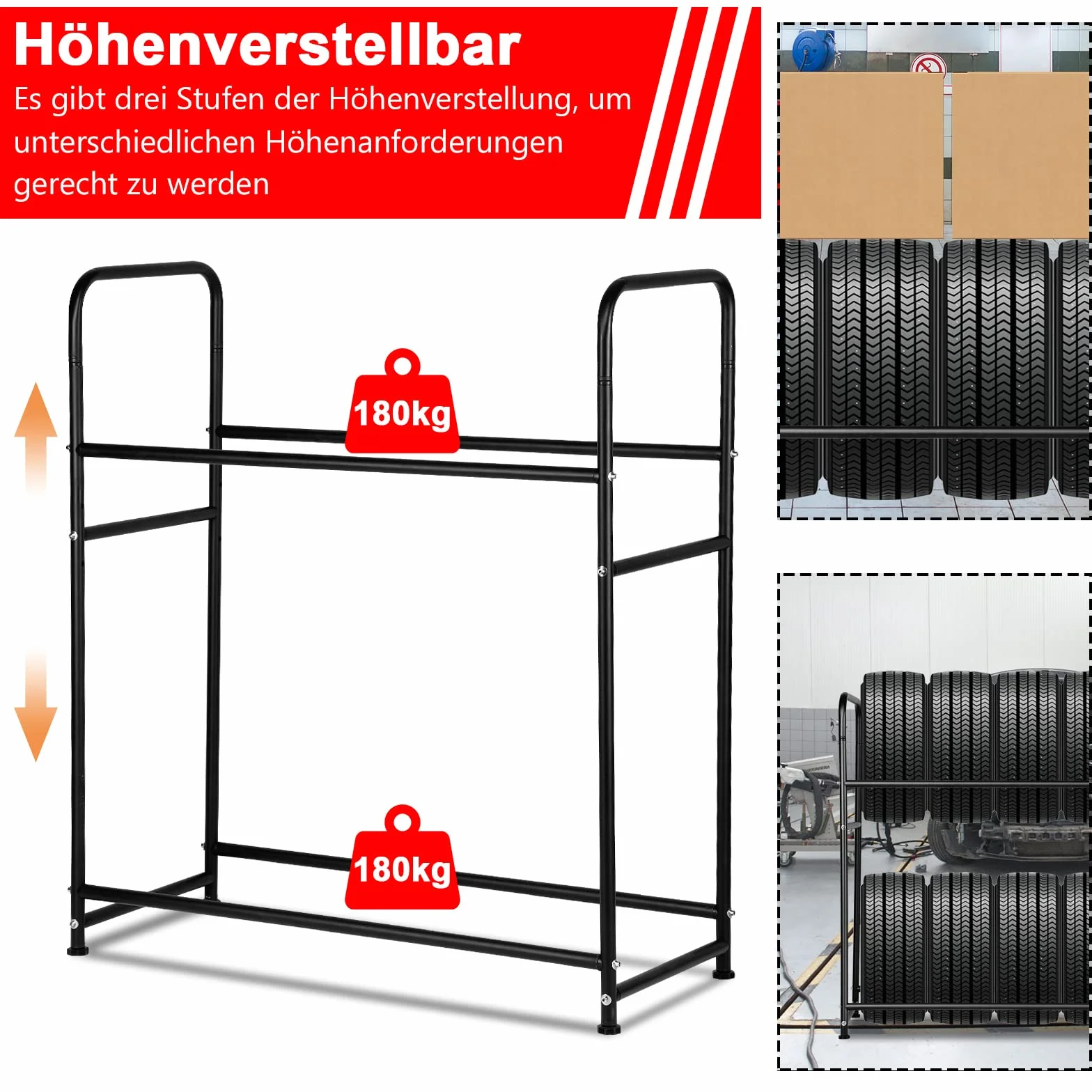 Regał na opony 107x46x117 cm stojak na 8 opon nośność 180 kg z regulacją wysokości