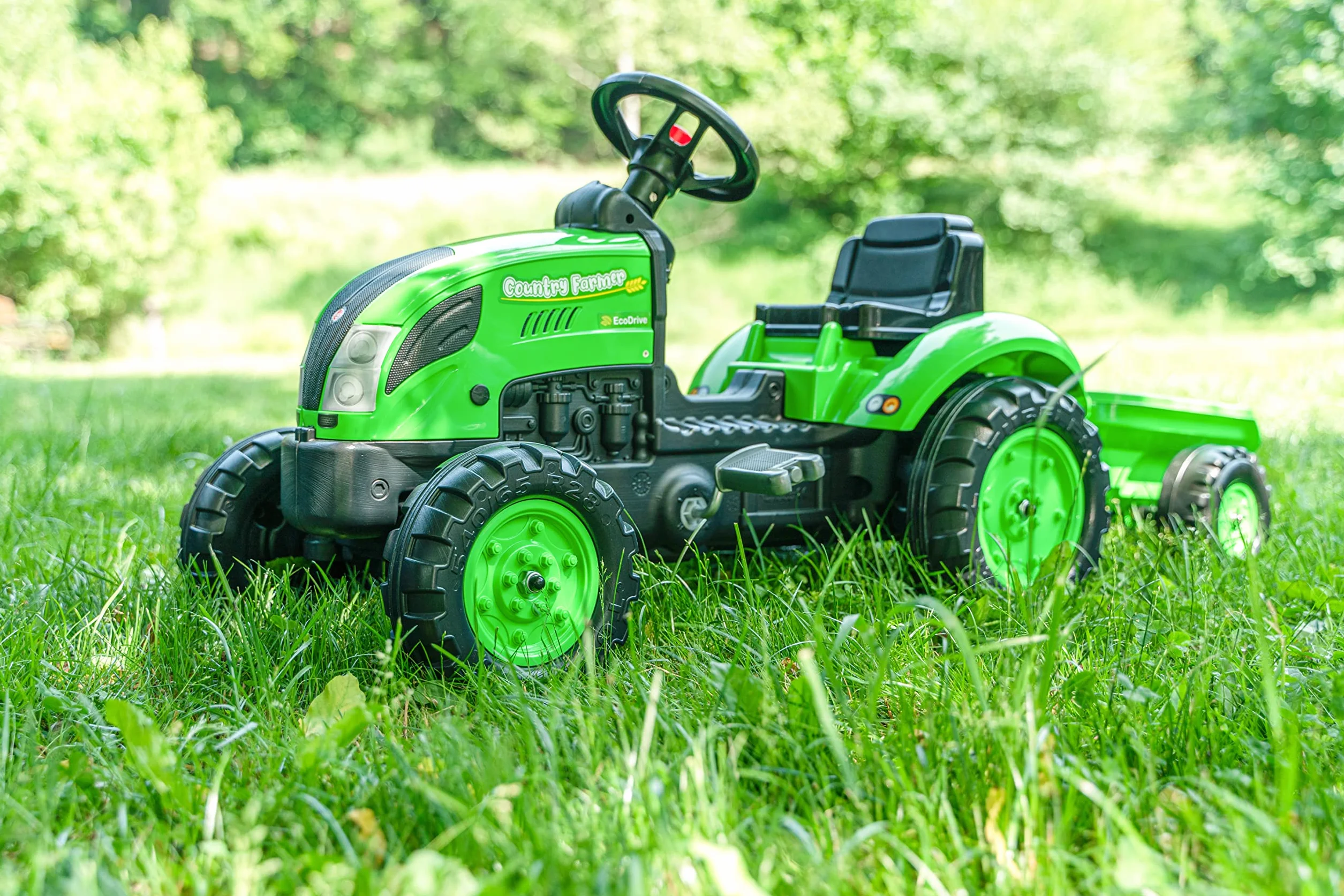 Falk - Traktor na pedały Country Farmer Green z przyczepą - Od 2 lat - Wyprodukowano we Francji - Konfigurowalna tablica rejestracyjna - Kierownica kierunkowa z klaksonem - 2057L