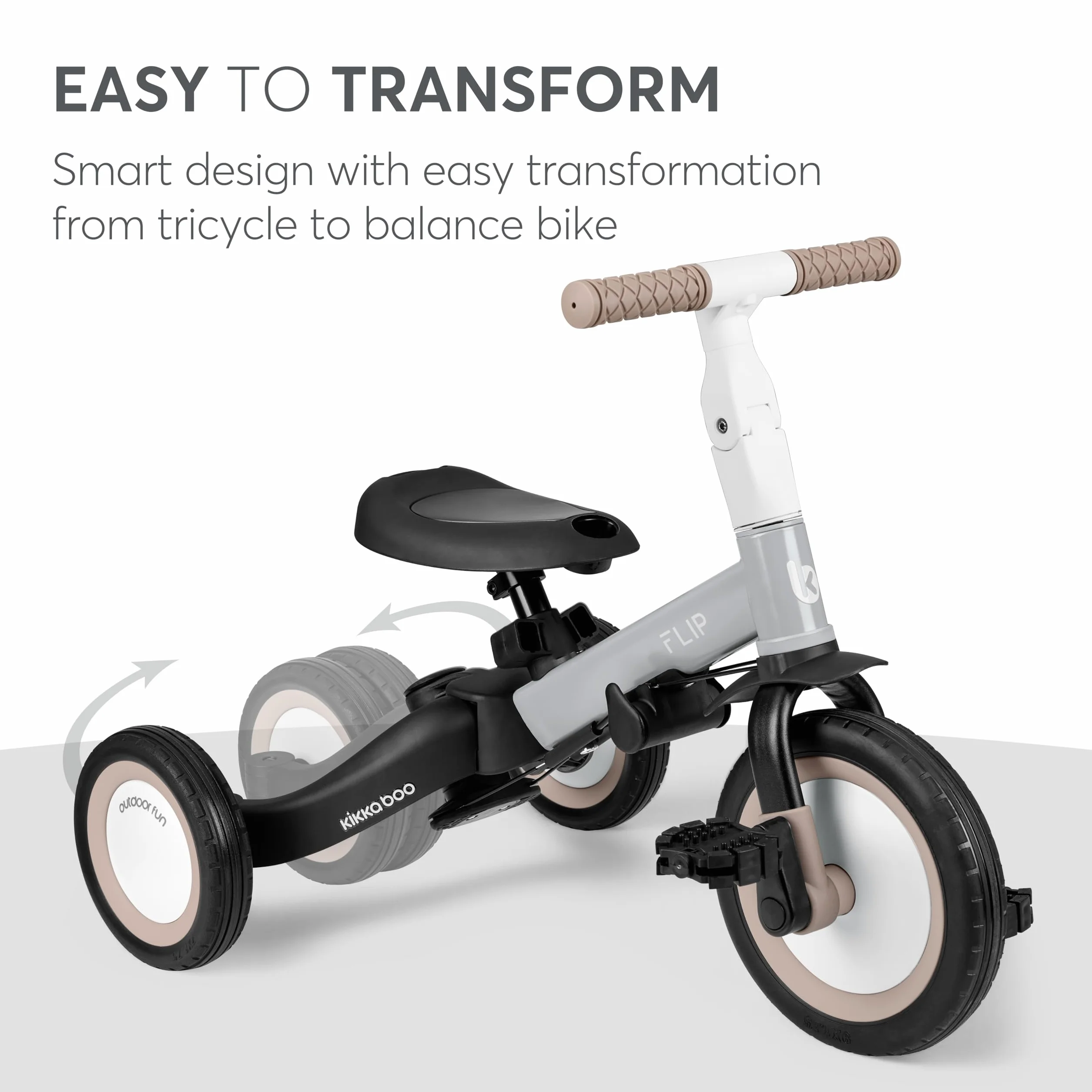 KikkaBoo FLIP Rower Trójkołowy 5 w 1 dla Dzieci 1–5 Lat, Konwertowany na Rower Biegowy z Pedałami lub Bez, Regulowany i Transformowalny, Szary