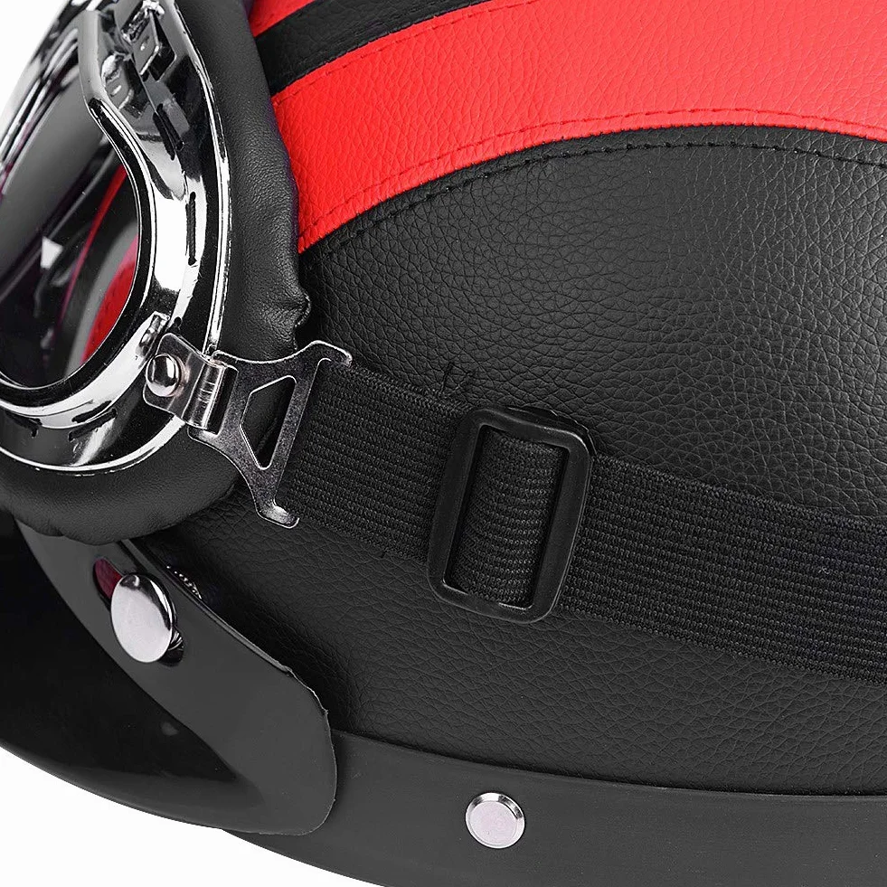 Kask skórzany półotwarty, do hulajnogi, z okularami z wizjerem UV, półotwarty, uniwersalny kask motocyklowy (czerwony)