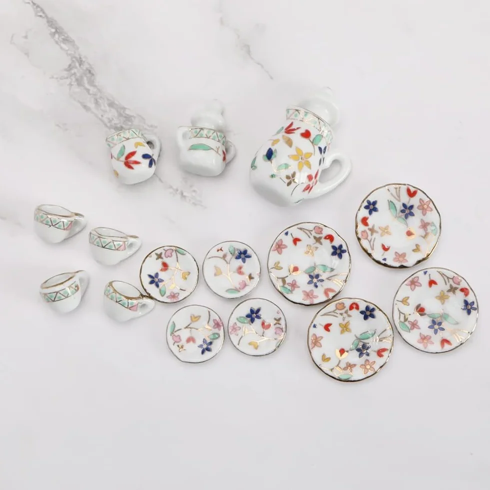 Alnicov 15-częściowy zestaw obiadowy kubki porcelanowe akcesoria do domku dla lalek dla 1/12 domek dla lalek Barbie Lundby domek dla lalek Mini domek dla lalek