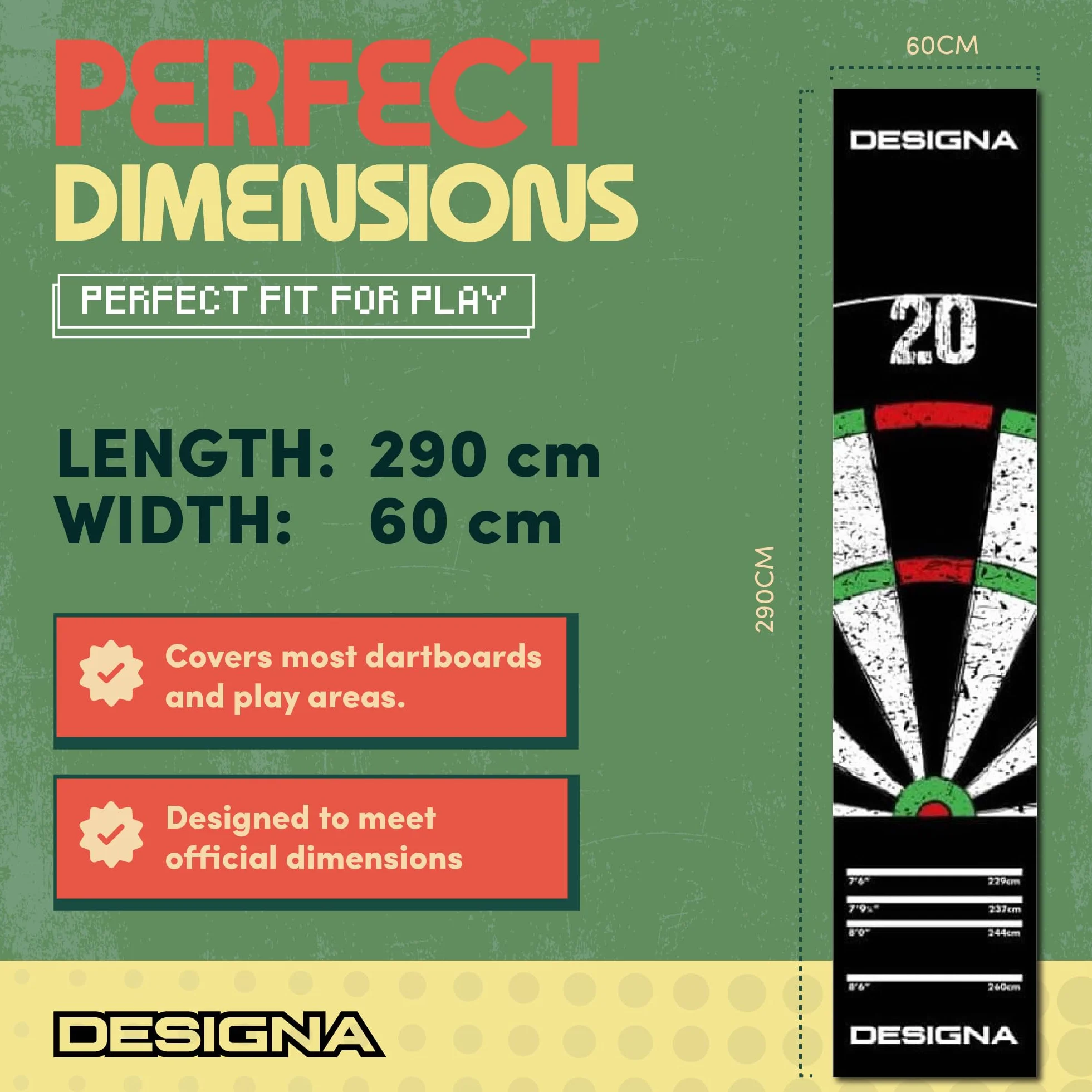 Designa Darts MAT43, antypoślizgowa mata do rzutek, podwójna góra, 290 cm x 60 cm