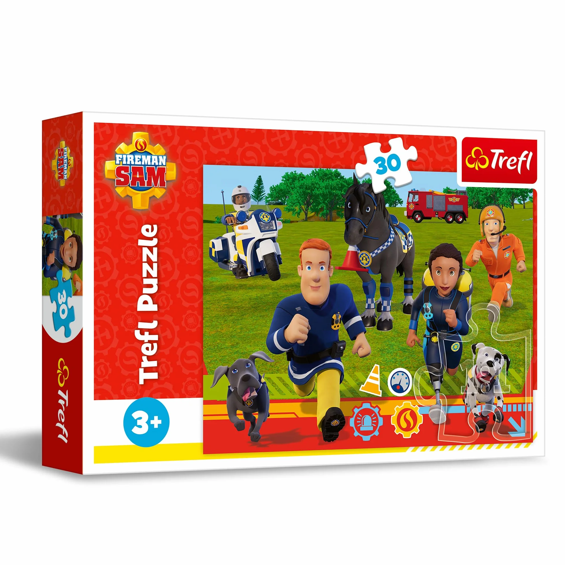 Trefl - Strażak Sam, Gotowi do Pomocy" - Puzzle 30 Elementów - Kolorowe Puzzle z Bohaterami Bajki, Wóz Strażacki, Ekipa Ratunkowa, Kreatywna Rozrywka, Zabawa dla Dzieci od 3 lat