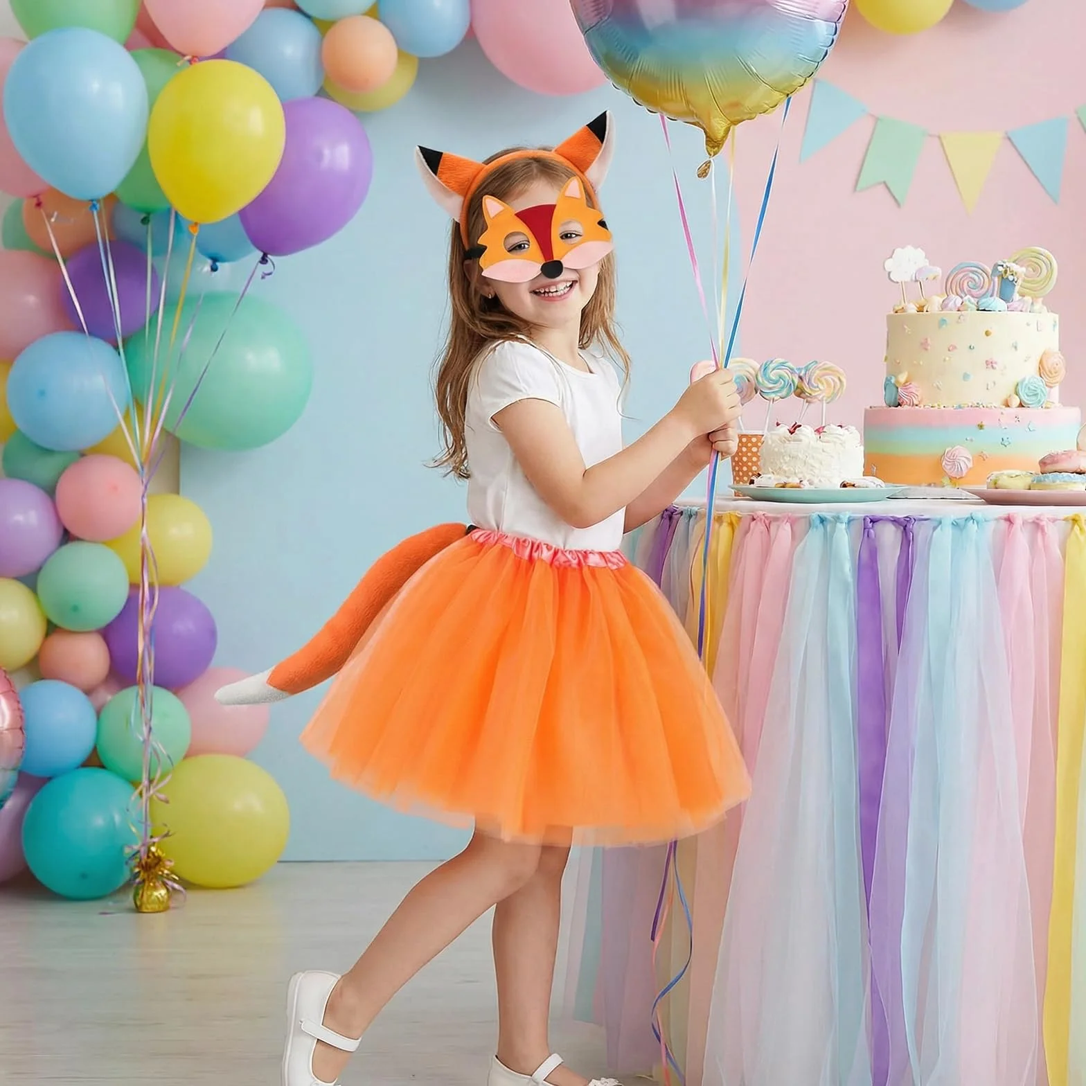 4-częściowy zestaw kostiumu lisa dla dziewcząt, sztuczne uszy lisa, długi ogon, maska i tutu, fantazyjny strój na Halloween, Boże Narodzenie, karnawał, uroczystości, Światowy Dzień Książki
