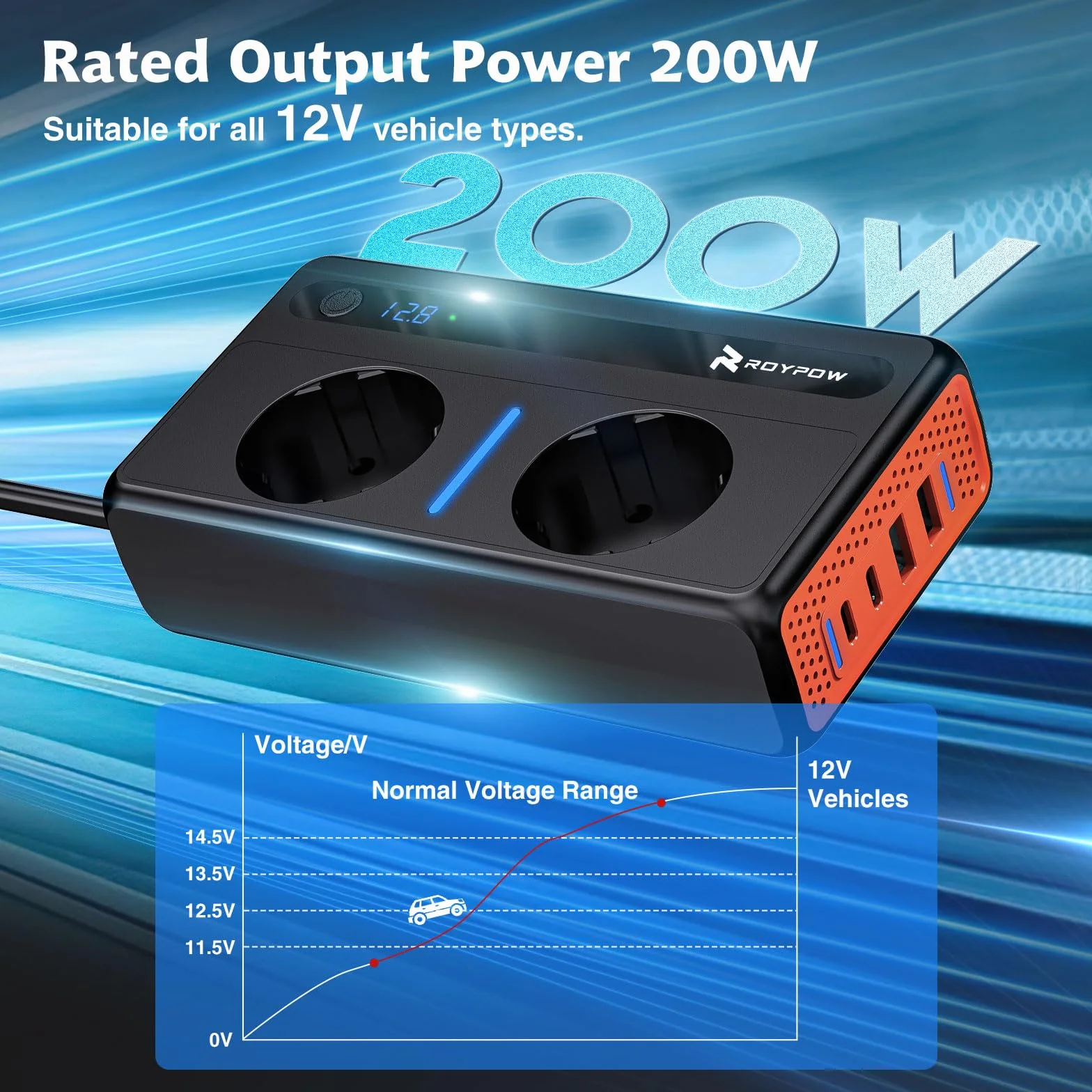 RoyPow Przetwornica napięcia DC na AC, 200 W, 12 V do 230 V, z 2 gniazdami i 4 portami USB, szybkie ładowanie, ładowarka samochodowa z wtyczką do zapalniczki samochodowej