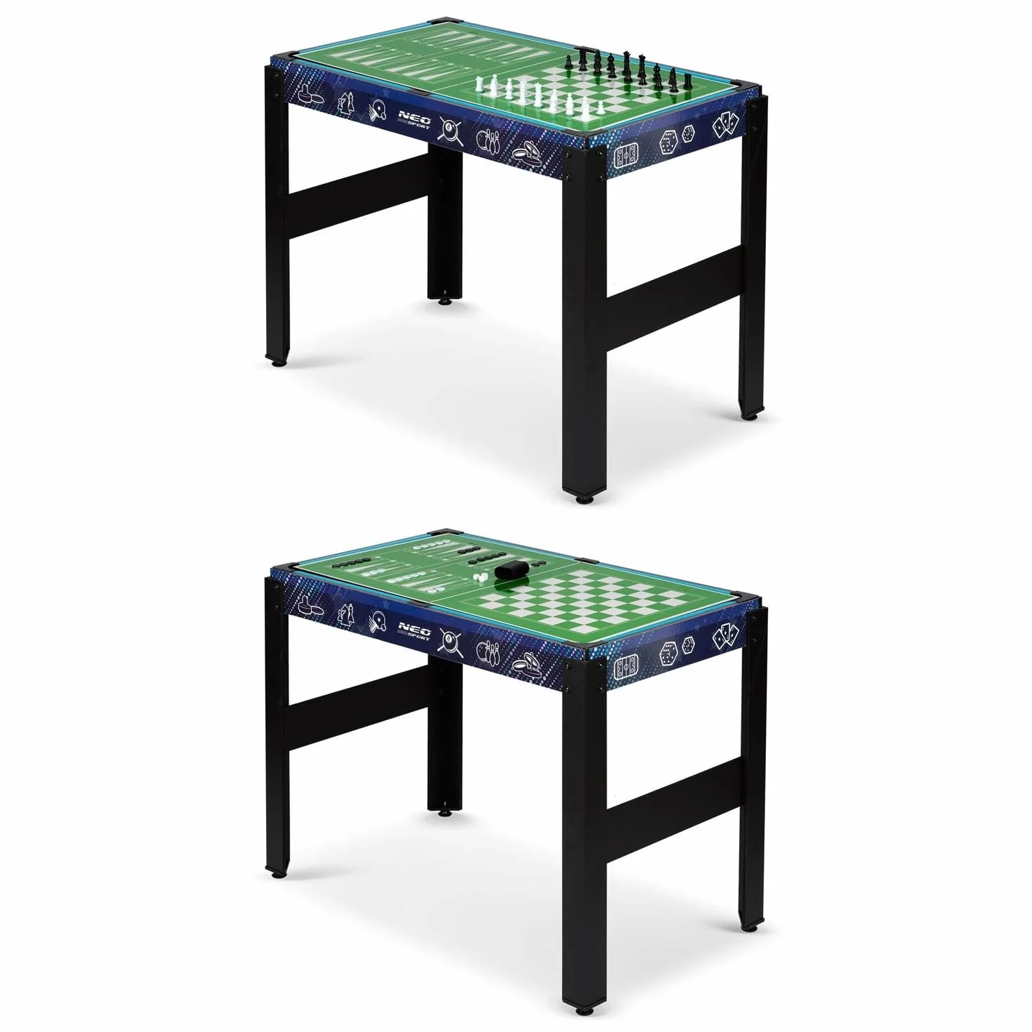 Multi stół do gier 12w1, piłkarzyki, ping-pong, cymbergaj, bilard, warcaby, kręgle, szachy, karty, 106 x 59 x 90 cm, Neo-Sport