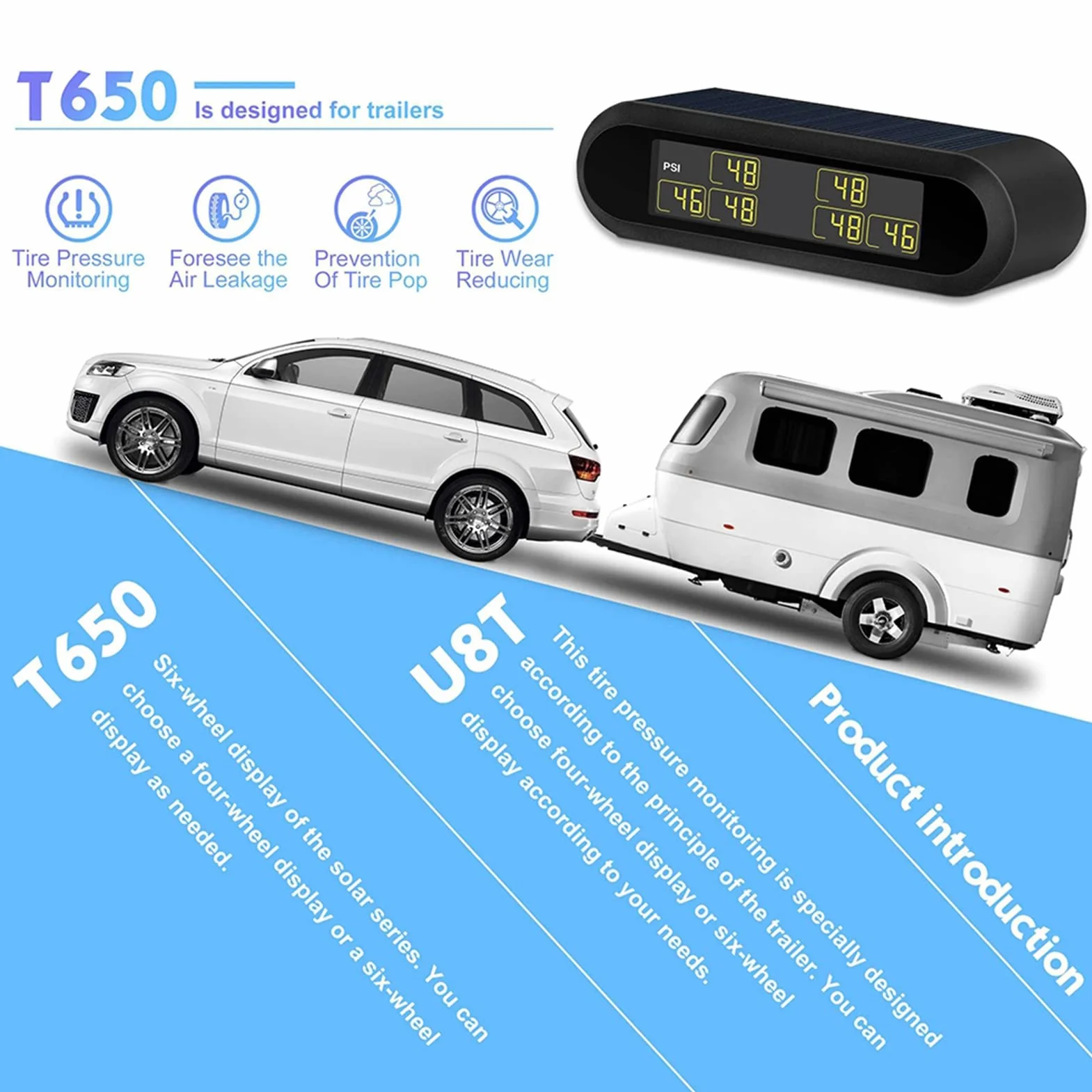 Yctze TPMS 6 Czujniki zewnętrzne Bezprzewodowy system monitorowania ciśnienia w oponach solarnych Monitor LCD Alarm