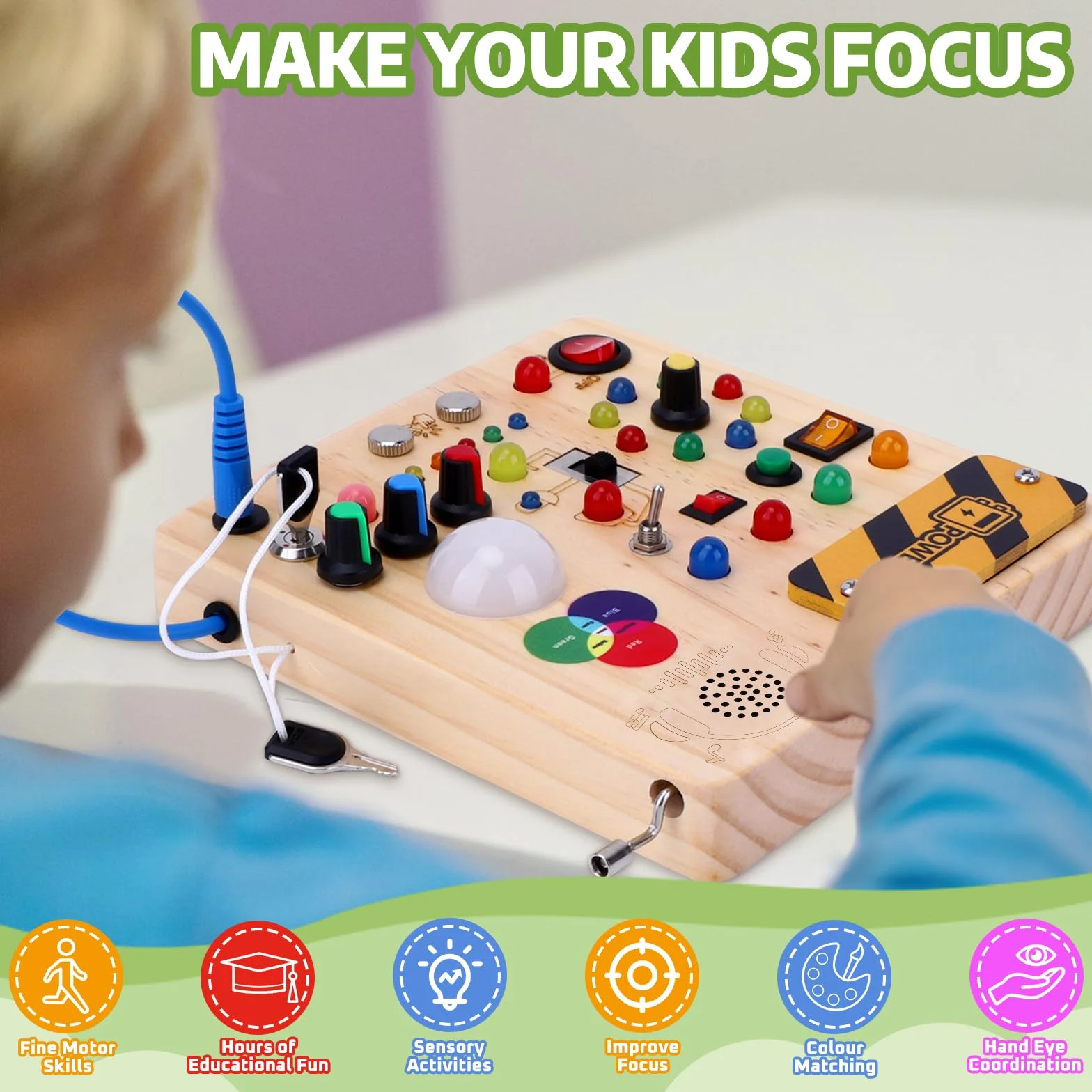 Montessori Busy Board Dzieci w Wieku 1 Roku Drewniana Zabawka z 13 Przełączników i 24 Diody LED Zabawka Sensoryczna dla Dzieci w Wieku 1, 2, 3 Lat