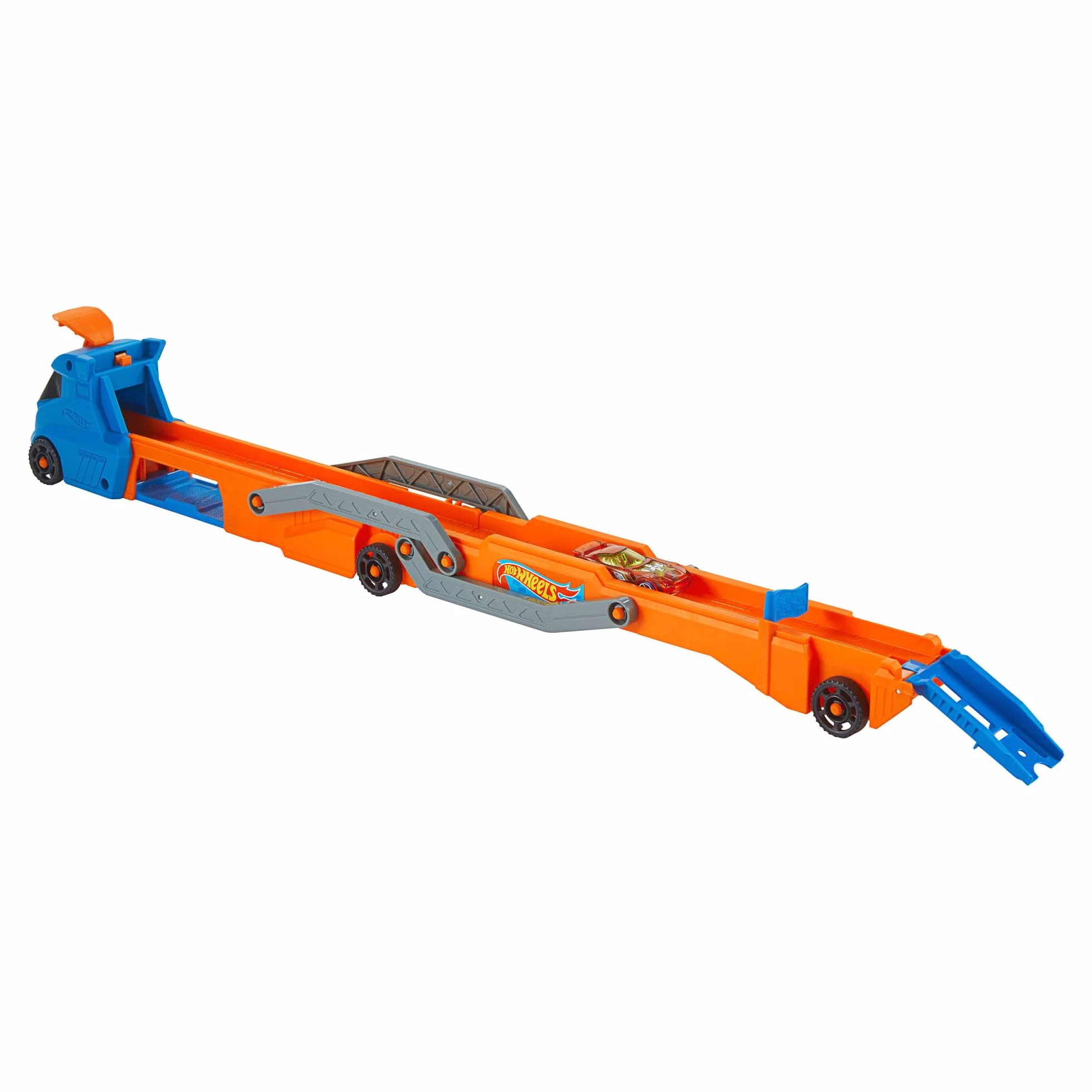 Hot Wheels Miejski transporter Duży pojazd ciężarówka z transformacją w tor wyścigowy (ponad 76 cm) z wyrzutnią, miejsce na 9 aut i 1 samochodzik w skali 1:64, łączy się z innymi zestawami, HYT83