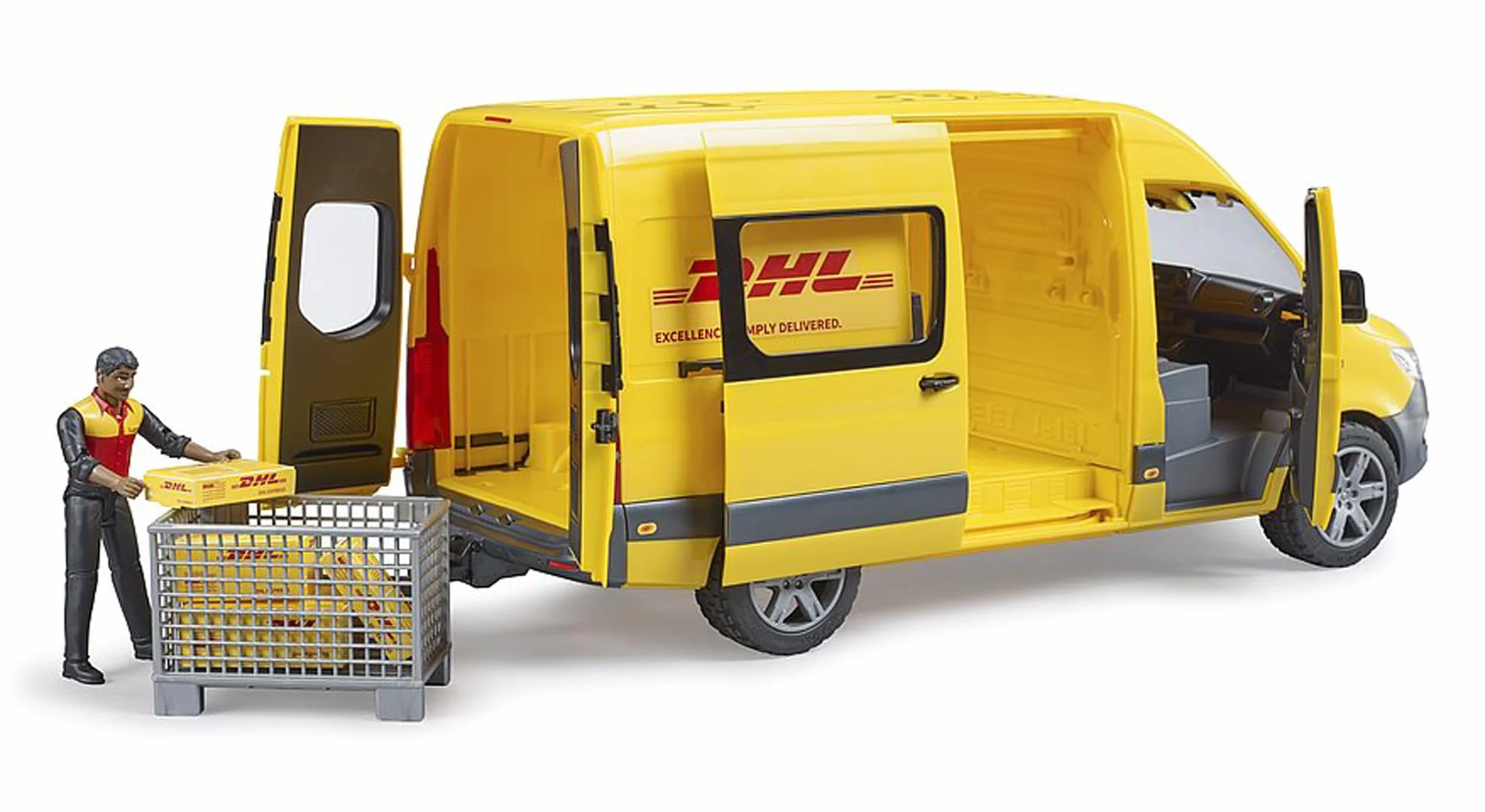 bruder 02671 - MB Sprinter DHL z kierowcą, w tym paleta skrzyniowa z paczkami wysyłkowymi, pojazd, transporter