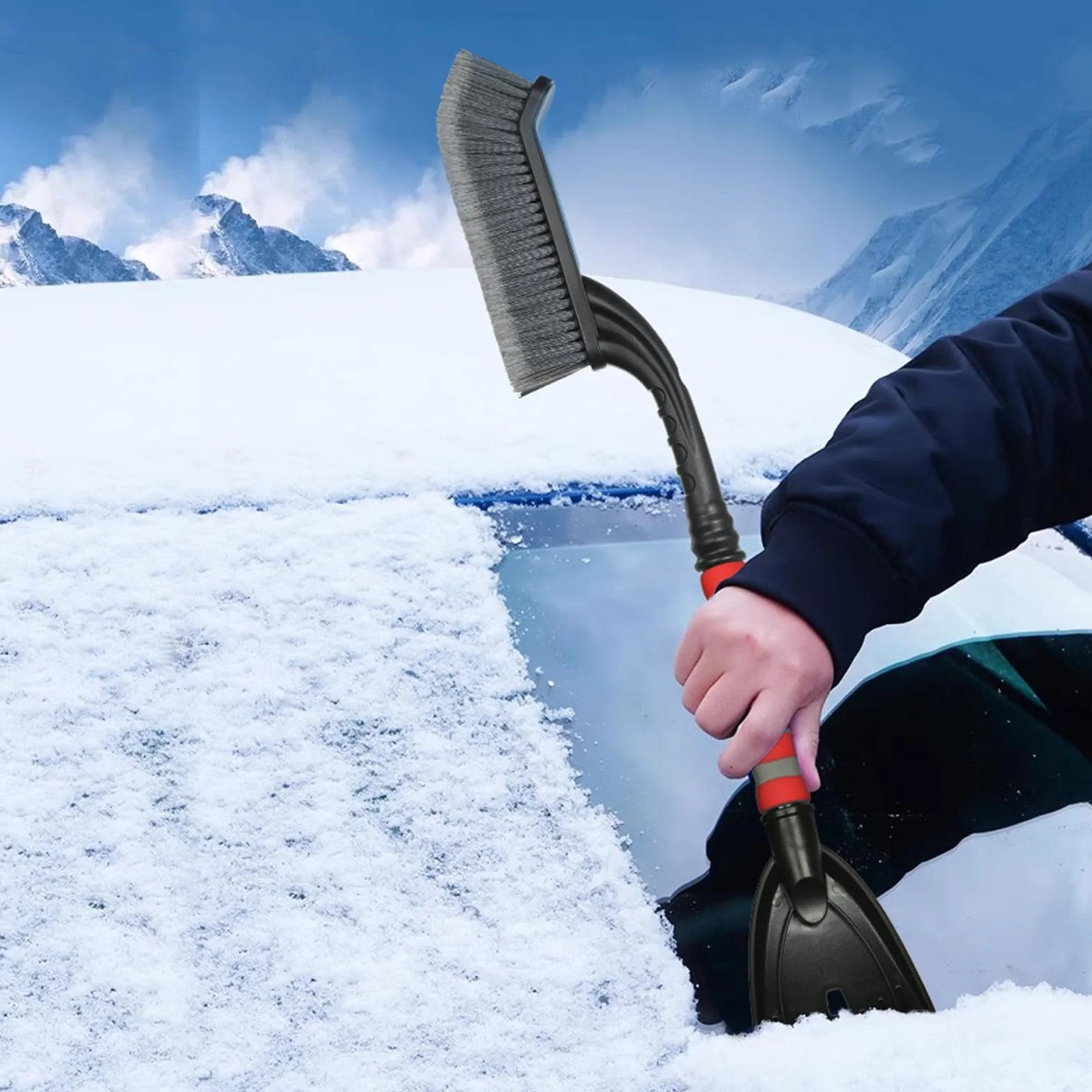 Skrobaczka do lodu 2 w 1 z miotłą 68 cm, szczotka do czyszczenia samochodu, pług śnieżny z ergonomicznym uchwytem