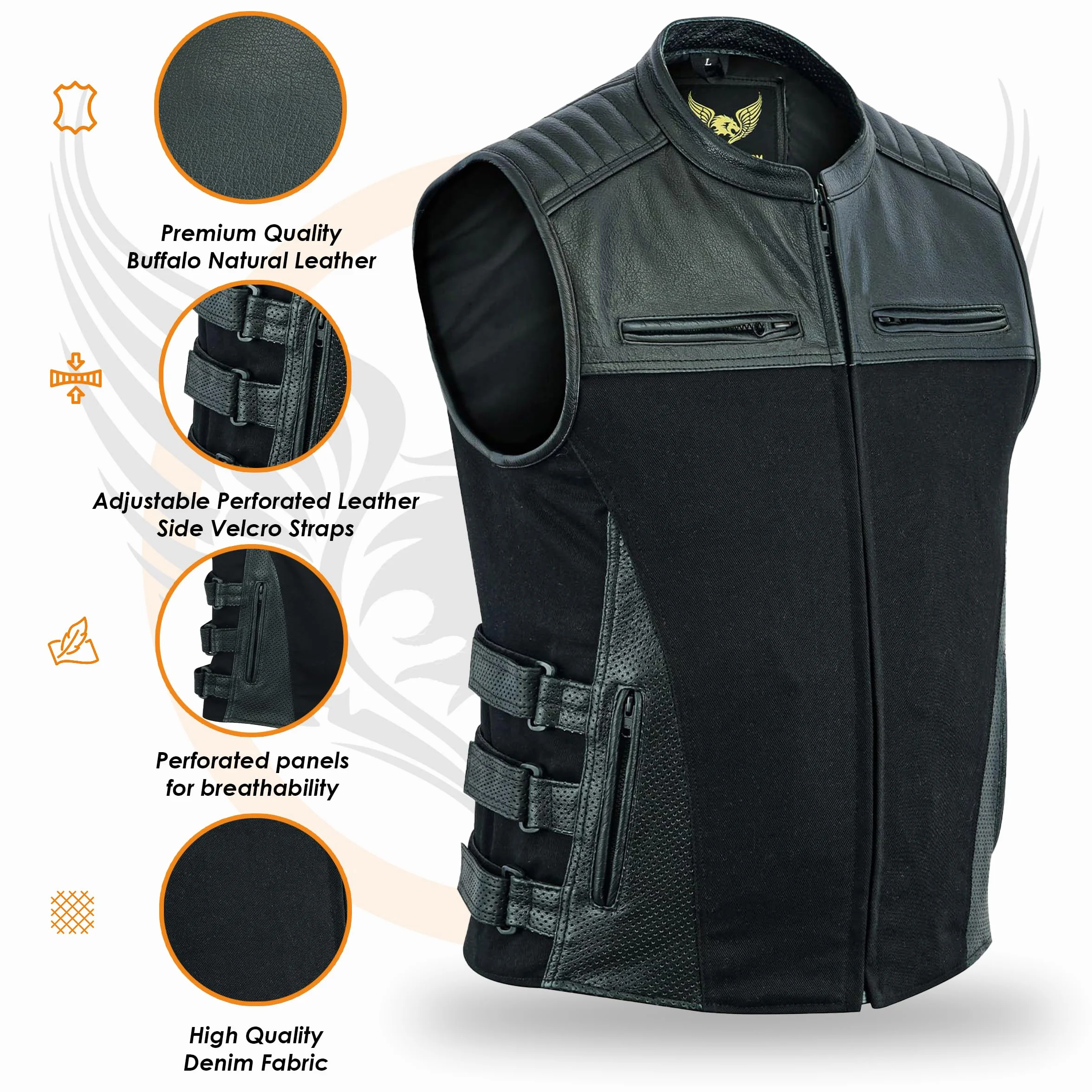 Leatherick Warrior dżinsowa i skórzana kamizelka motocyklowa z kieszeniami na pistolet i perforowane panele