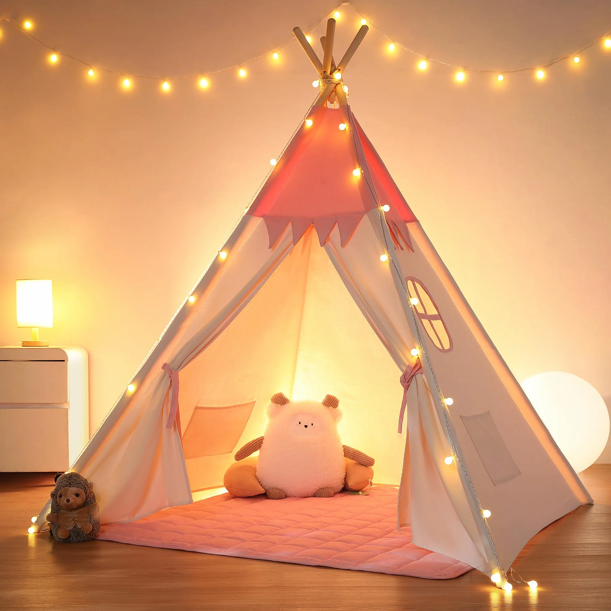 besrey Tipi namiot dla dzieci, Tippi namiot dziecięcy, do wnętrz, tipi dla dzieci, przytulny kącik, namiot do zabawy dla dziewczynek (różowy + biały)