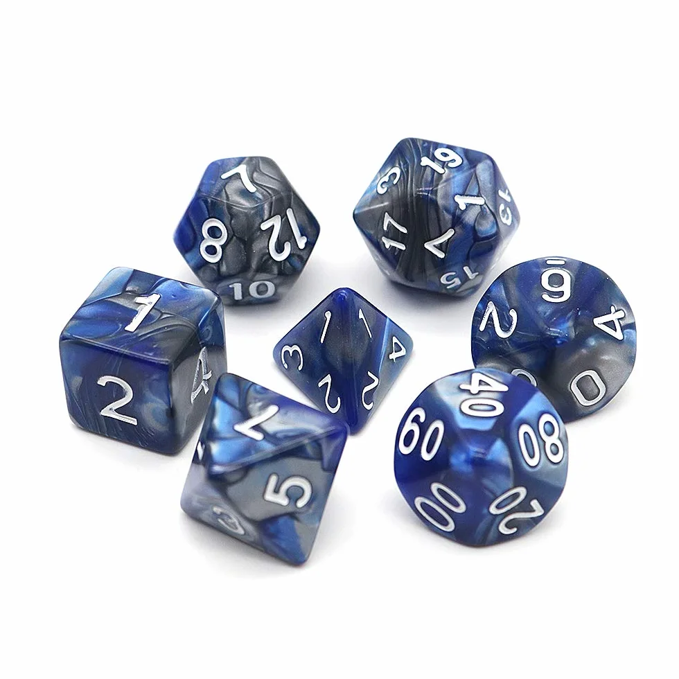 DollaTek Zestaw ko?ci wielo?ciennych, gry sto?owe, 3 zestawy ko?ci 3 x 7 (21 sztuk), seria matryc, D20, D12, D10, D8, D6, D4, DND, DND, RPG, MTG, podwójne kolory, jednocz??ciowe (niebieskie i srebrne)