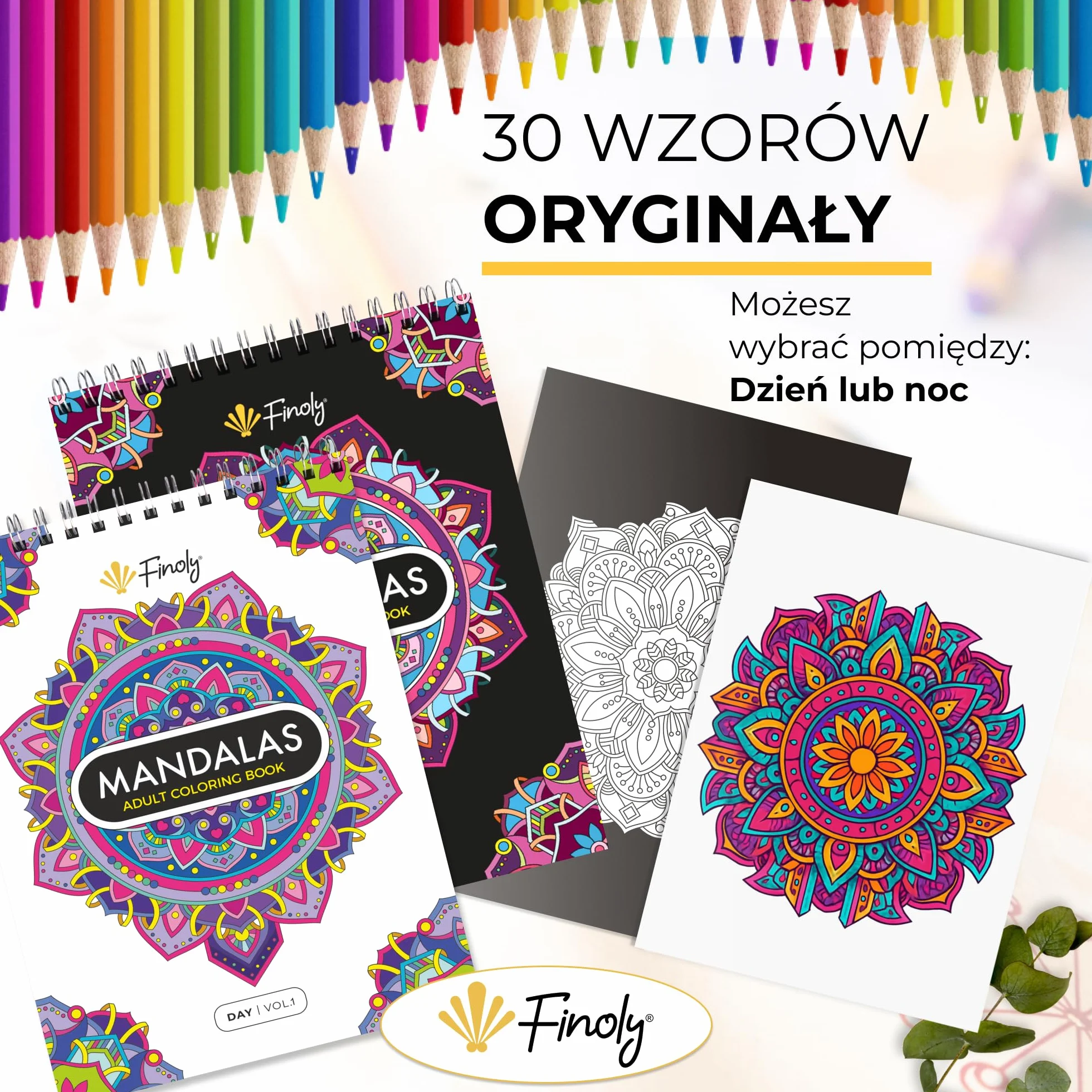 Finoly Mandala Kolorowanka dla Dorosłych z 30 Wzorami | Mandala Dotting Kolorowanka | A4 | Papier Premium | Spiralne Wiązanie | Dzień | TOM I