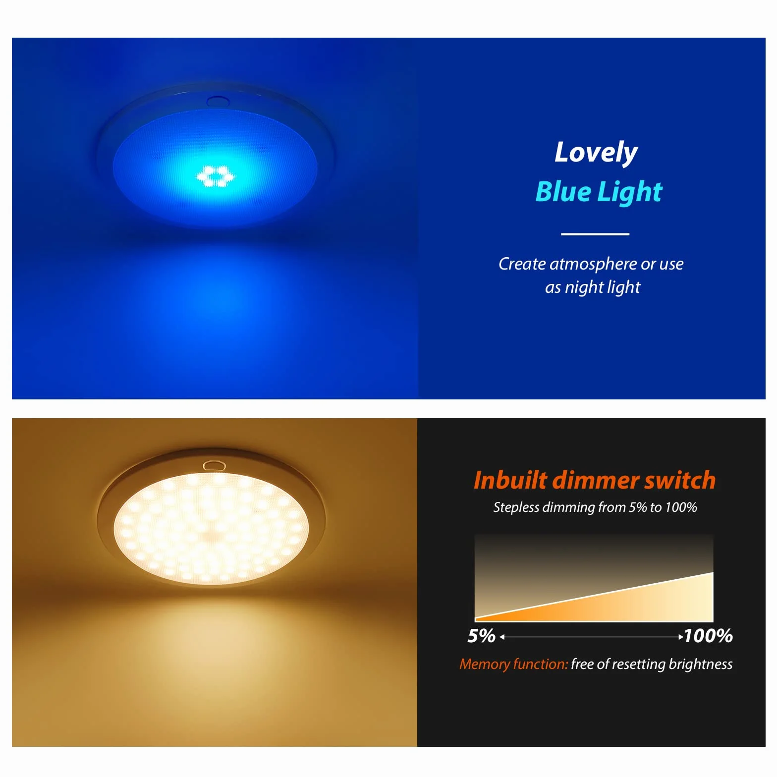 Dream Lighting Lampa sufitowa do przyczepy kempingowej, podtynkowa, oświetlenie LED, do kampera, łodzi, kampera, 21,5 cm, dwukolorowa, ściemniana, IP44