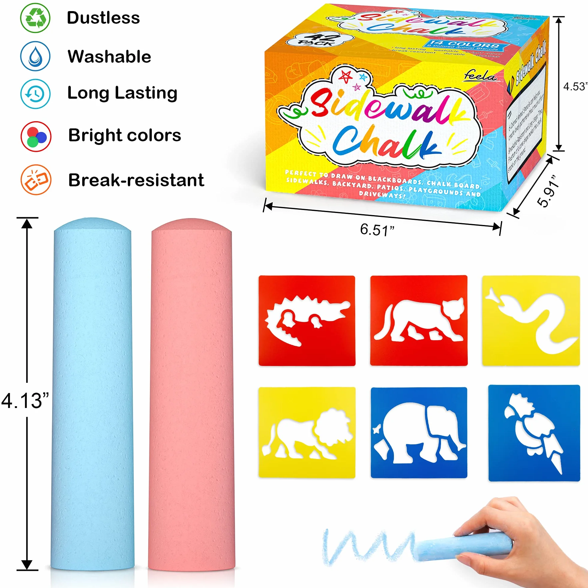 feela Zestaw 42 kredek Jumbo dla dzieci, 14 kolorowych kredek chodnikowych dla dzieci, małych dzieci, zestaw kred do malowania na chodniku, szkolnej tablicy kredowej, tablicy, ulicy, placu zabaw