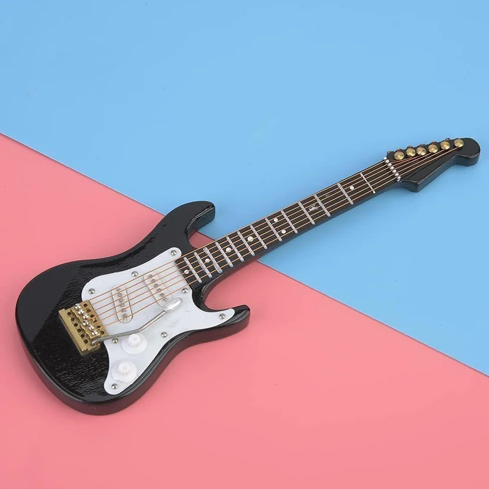 5,5 W gitara elektryczna miniatura drewno mini gitara model wyświetlacz instrument muzyczny miniatura domku dla lalek model dekoracja (czarna)