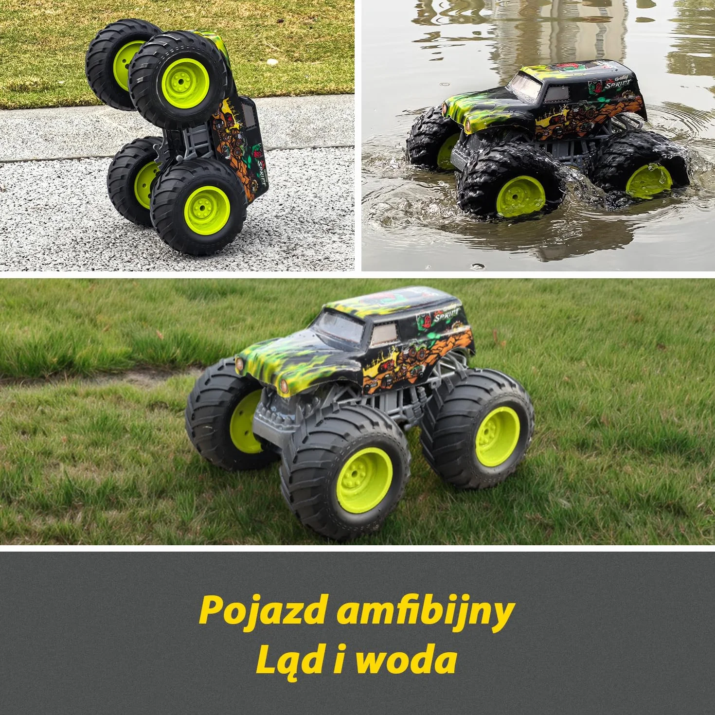 Zdalnie Sterowany Monster Truck 1:16, 2,4 GHz dla Dzieci od 4 Lat - Amfibia z Światła, Robi Wheelie, Staje Dęba, Obroty 360° - Auto RC dla Chłopców i Dziewczynek