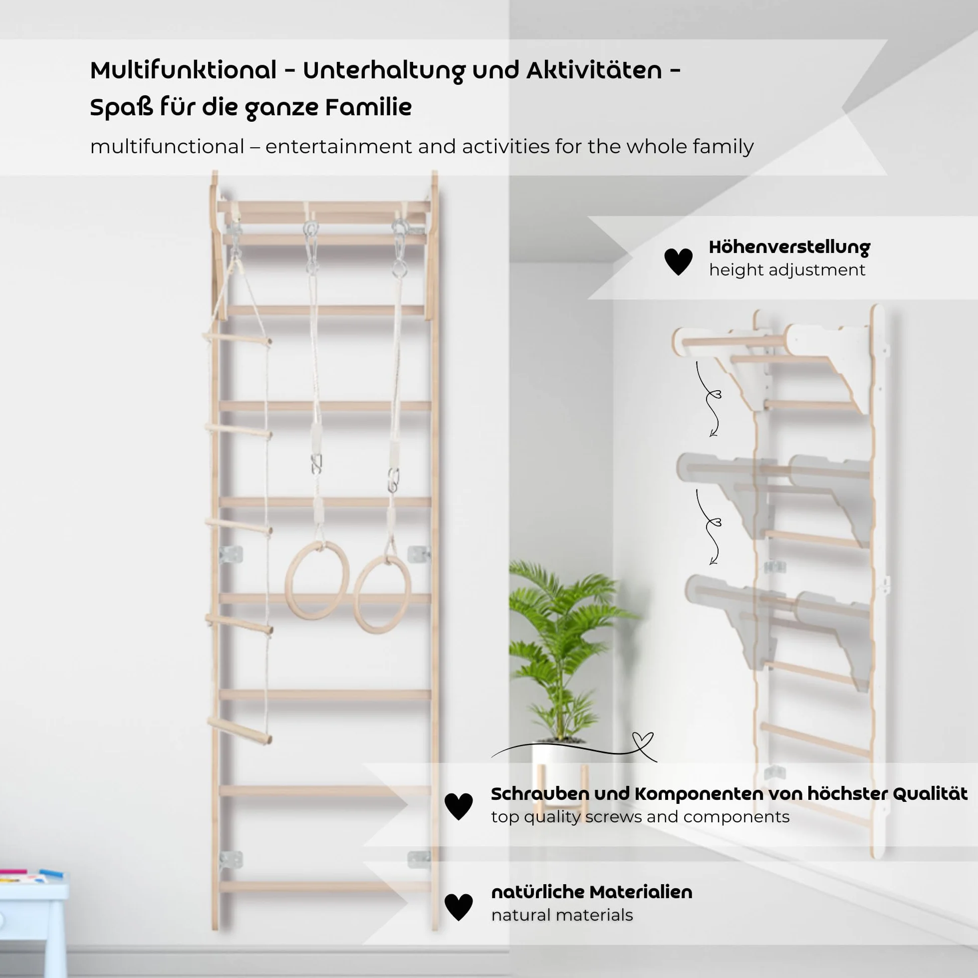 MAMOI® Drabina gimnastyczna dla dorosłych (210 cm) | drabina ścienna z drewna | drabina do wspinaczki | pierścienie gimnastyczne | mata ochronna | lina wspinaczkowa | 100% ekologiczna | wyprodukowano
