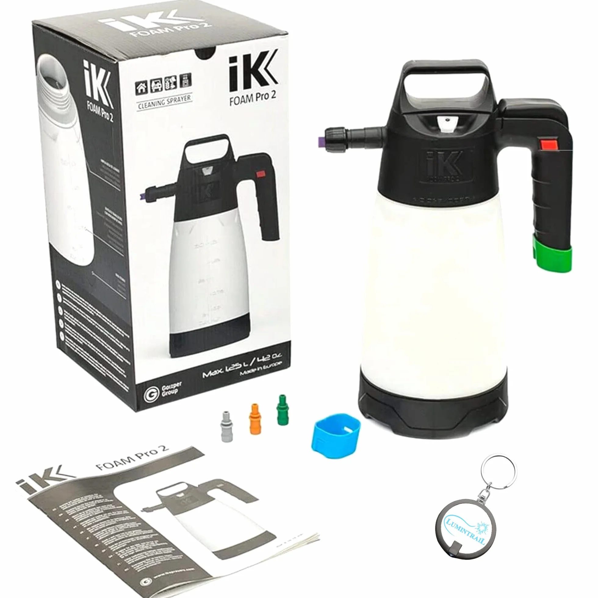 Lumintrail iK Foam Pro 2 Profesjonalny opryskiwacz z pompką do czyszczenia samochodu, szczegółowego czyszczenia i czyszczenia przemysłowego, zestaw z podświetlanym breloczkiem do kluczy