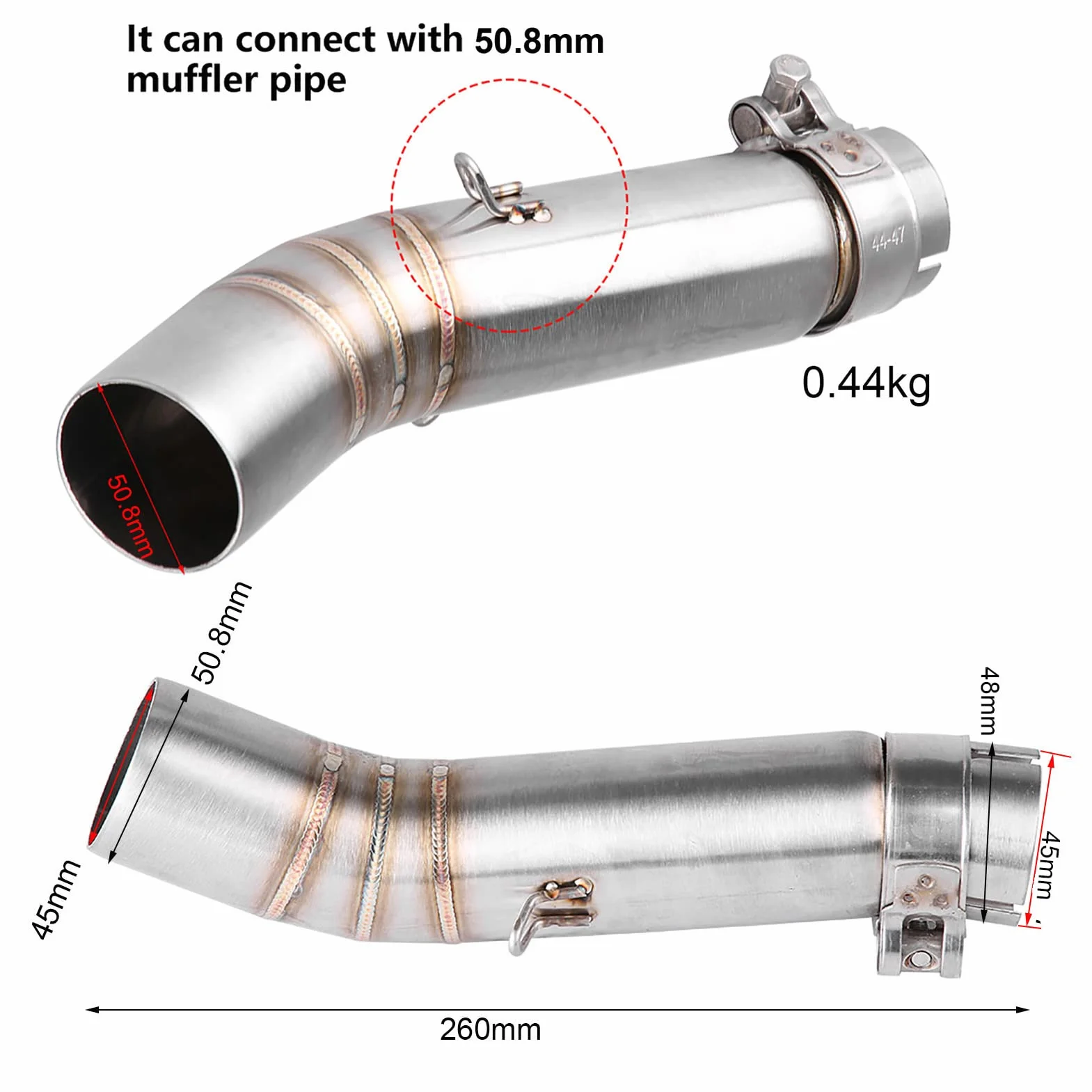 Jadeshay Rura wydechowa do motocykla, rura wydechowa 51 mm, średnia rura wydechowa ze stali nierdzewnej do CBR500R CB500X CBR500 CB500F (srebrna)
