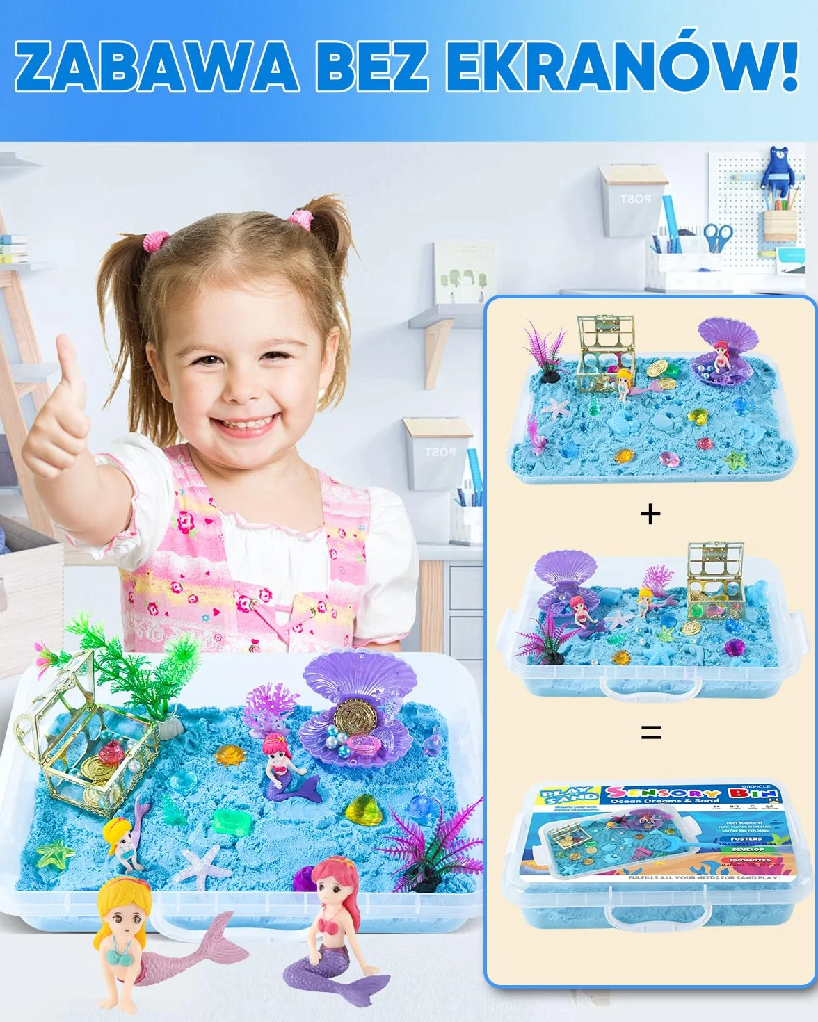 sikmcle Ocean Sensorik Box zestaw do piasku sensorycznego dla dzieci, pojemnik na piasek z pokrywką i akcesoriami z tworzywa sztucznego (muszle, ślimaki, rozgwiazdy)