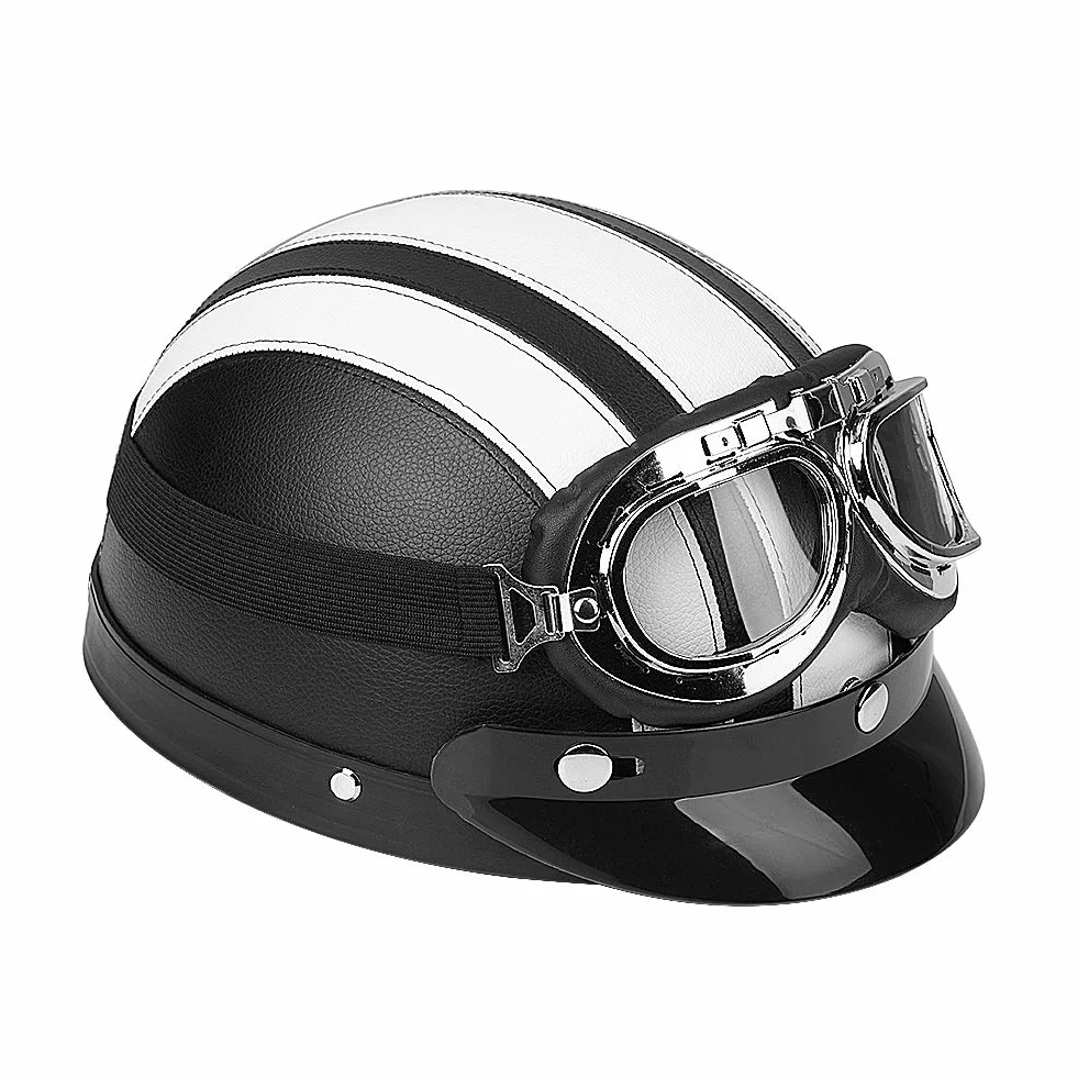 EBTOOLS Kask skuterowy, kask motocyklowy, otwarty kask, półuniwersalny kask motocyklowy, sztuczna skóra, otwarta twarz, półkask z wizjerem, okulary (biały)