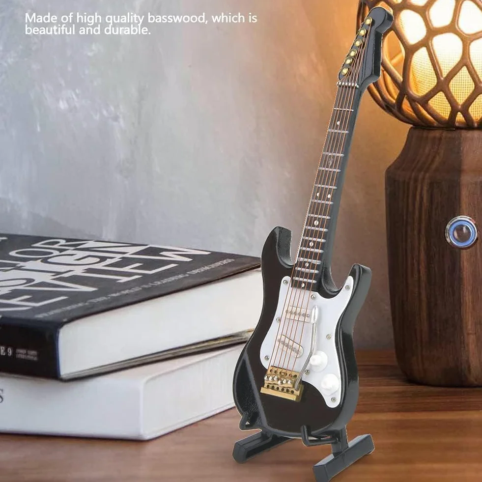 5,5 W gitara elektryczna miniatura drewno mini gitara model wyświetlacz instrument muzyczny miniatura domku dla lalek model dekoracja (czarna)