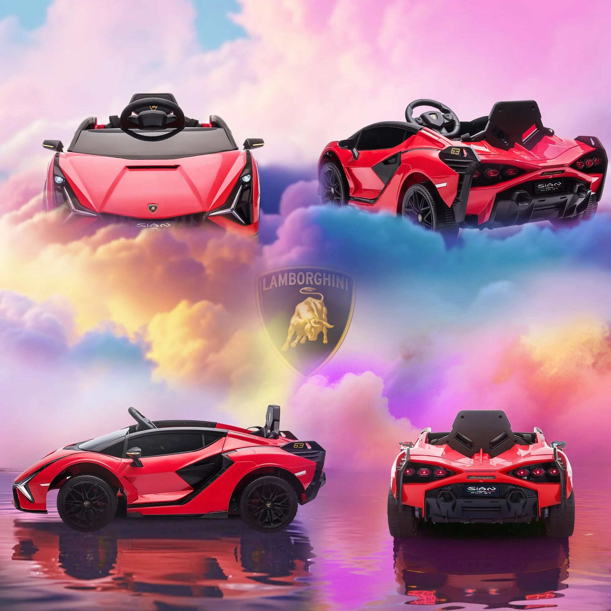 Samochód dziecięcy HOMCOM 2 tryby jazdy Lamborghini SIAN SUV autko zabawka samochód elektryczny z pilotem bardzo szerokie opony muzyka (MP3/USB) oświetlenie 3–5 lat PP metal czerwony 108 x 62 x 40 cm