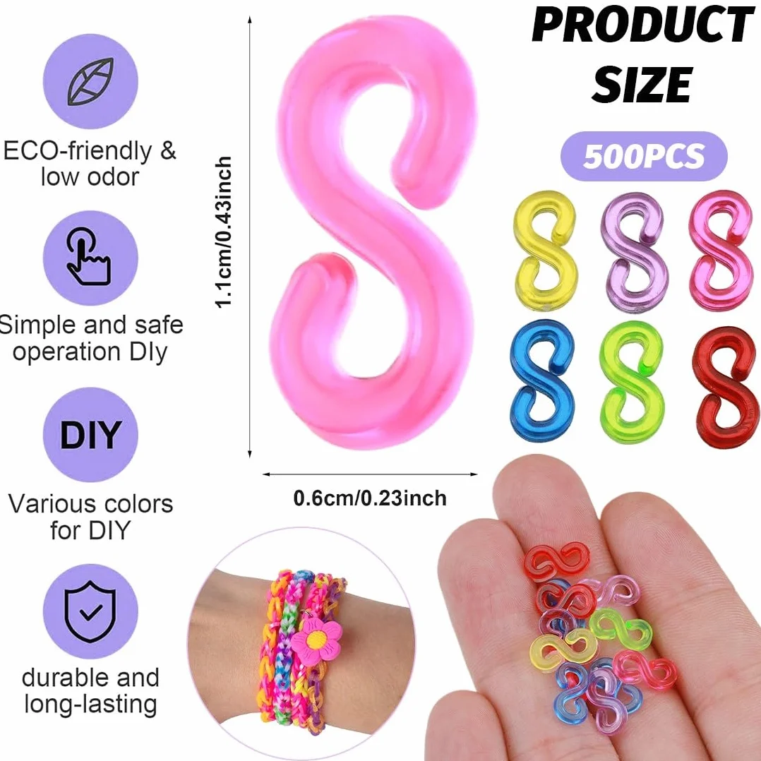 500 sztuk zapięć do taśm Loom, kolorowe klipsy w kształcie litery S, akcesoria, plastikowe, kolorowe łączniki, klipsy w kształcie litery S, DIY, akcesoria do łączenia bransoletek, dla dorosłych i