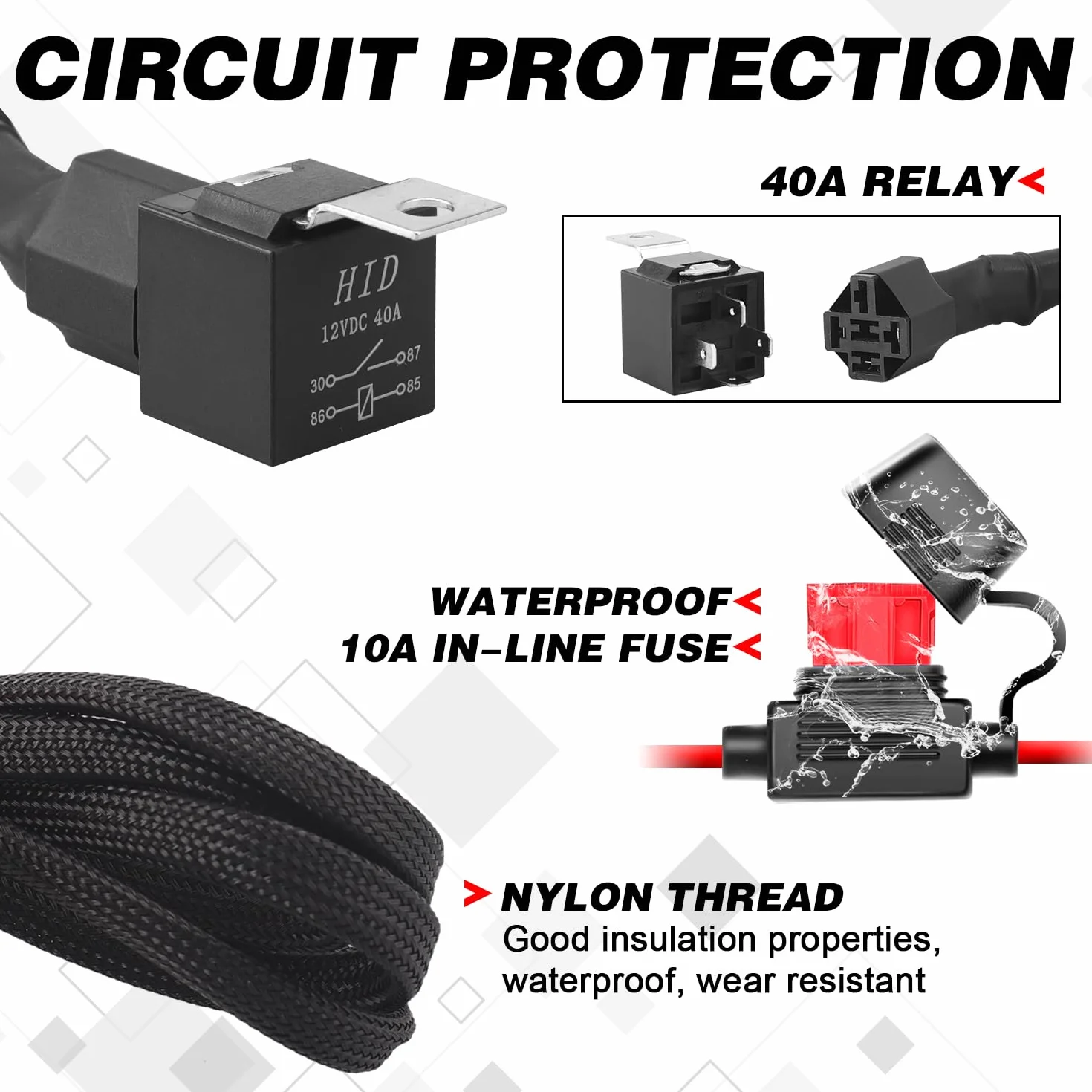 Erato Zestaw okablowania światła LED do motocykla, 2 przewody, nylonowa wiązka przewodów 7/20.3 cm, przełącznik kierownicy, 12 V, 40 A, przekaźnik 10 A, bezpiecznik rzędowy, 18 AWG, do listwy