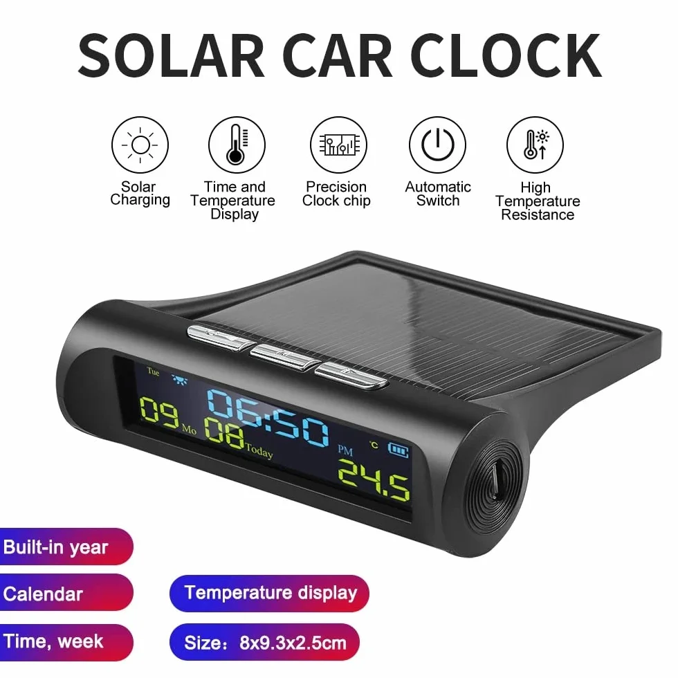 Samochodowy solarny zegar cyfrowy z wyświetlaczem LCD wskazującym temperaturę w samochodzie do dekoracji części samochodowych zewnątrz A