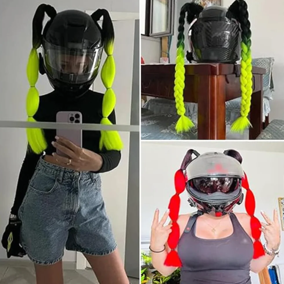 2 sztuki zdejmowanych warkoczy motocyklowych, koński ogon, z przyssawką, do kasku motocyklowego, akcesoria do kasku, pleciony koński ogon, ozdoba do włosów, do motocykla, roweru, 2 sztuki