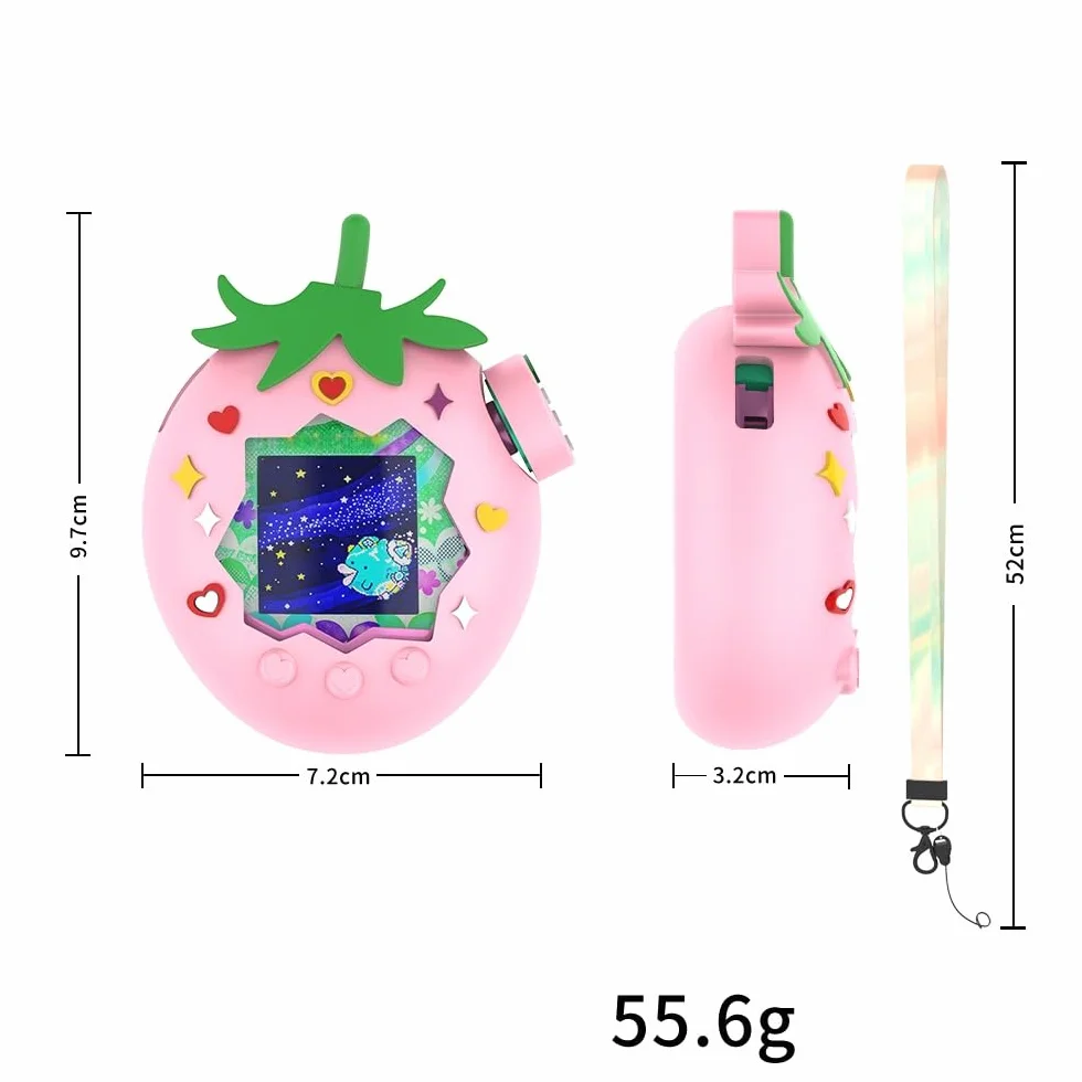 Truskawkowe etui ochronne do raju Tamagotchi, miękka silikonowa osłona TPU, truskawkowe etui z motywem kreskówkowym ze smyczą i nasadką na klawisze, odporne na zarysowania i wstrząsy