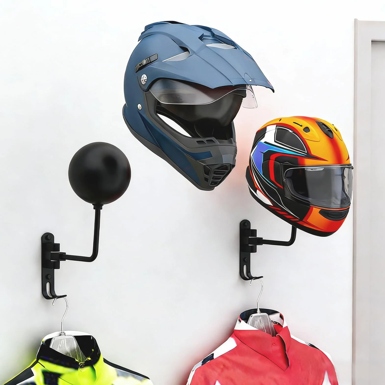 2 szt. Uchwyt na kask motocyklowy naścienny, wiszący na kask motocyklowy uchwyt na kapelusze z hakiem, obracany o 180 stopni, uchwyt kasków sferycznych do zawieszania odzieży na klucze